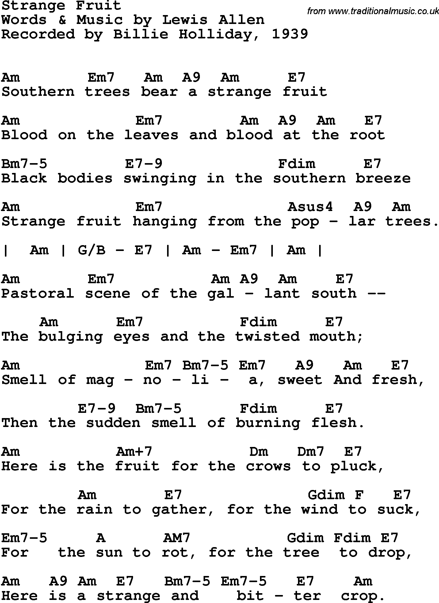 Song Lyrics with guitar chords for Strange Fruit - Billie Holiday, 1939