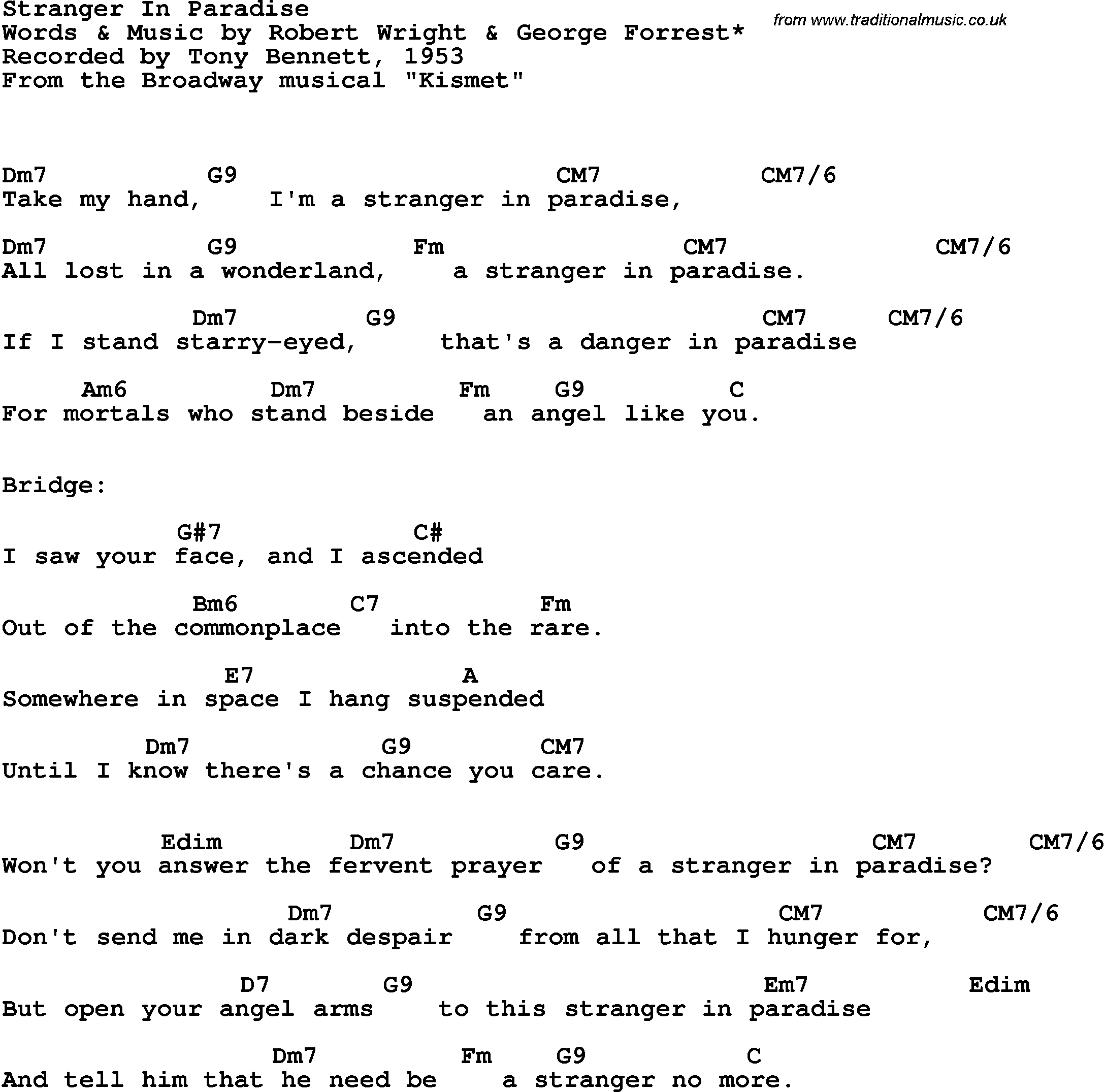 Song Lyrics with guitar chords for Stranger In Paradise - Tony Bennett, 1953