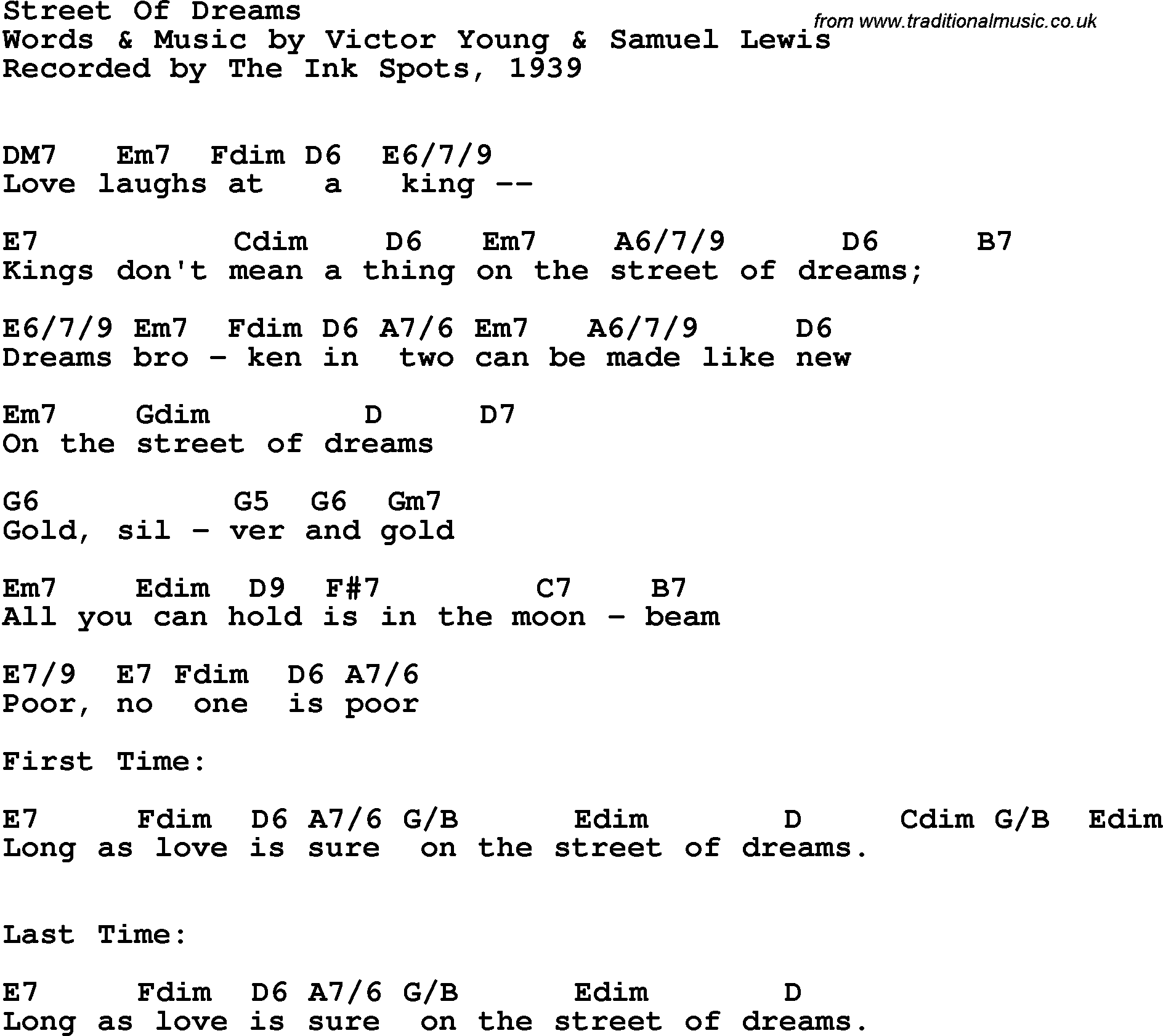 Song Lyrics with guitar chords for Street Of Dreams - The Ink Spots, 1939