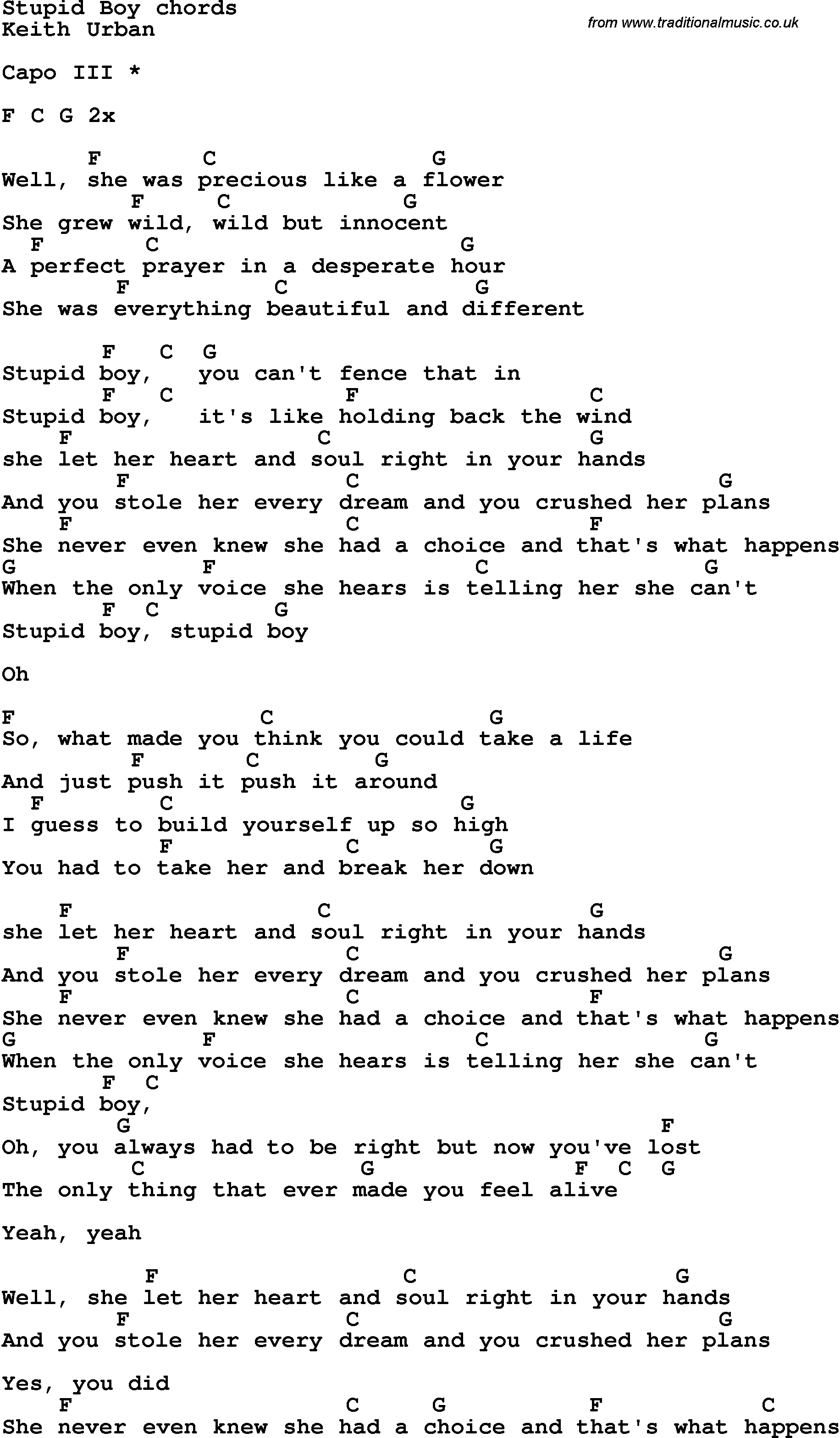 Song Lyrics with guitar chords for Stupid Boy