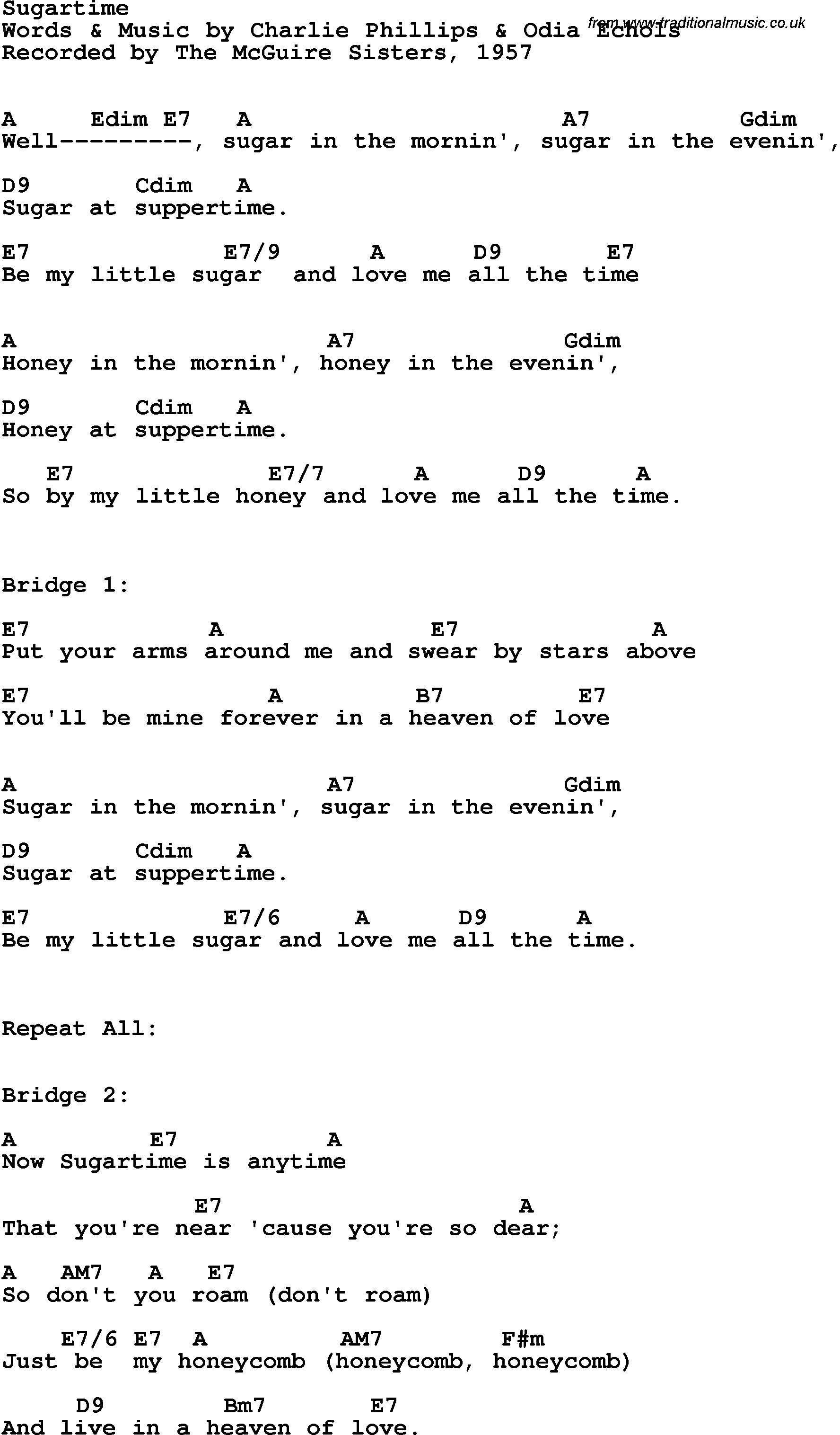 Song Lyrics with guitar chords for Sugartime - The Mcguire Sisters 1957