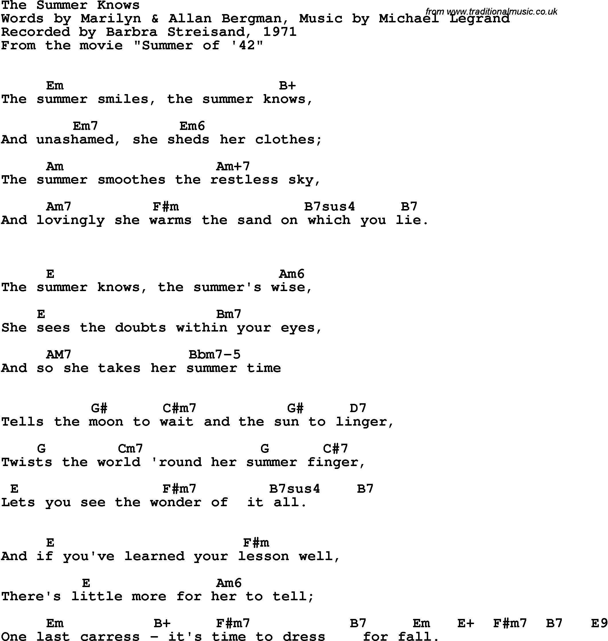 Song Lyrics with guitar chords for Summer Knows, The - Summer Of '42, 1971