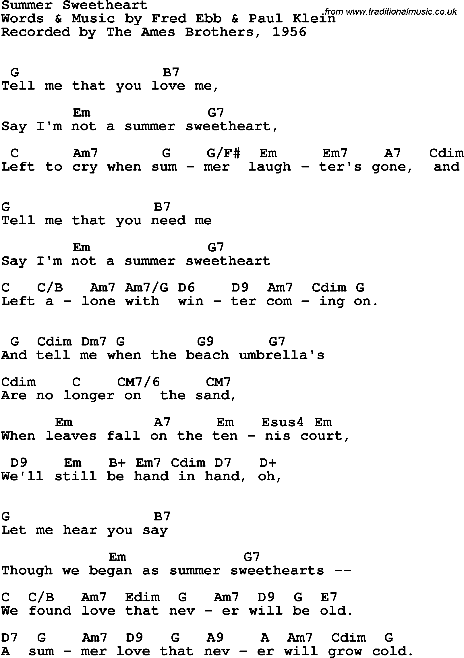 Song Lyrics with guitar chords for Summer Sweetheart - The Ames Brothers, 1956