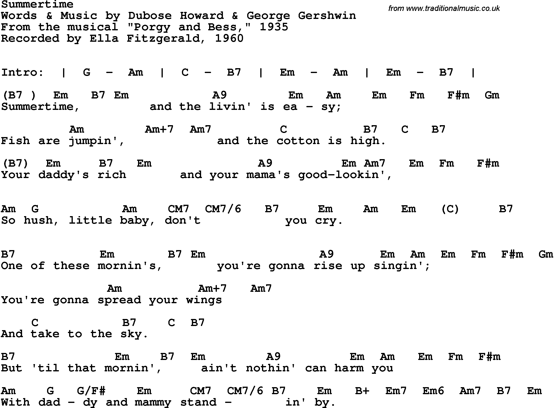 Song Lyrics with guitar chords for Summertime - Ella Fitzgerald, 1960