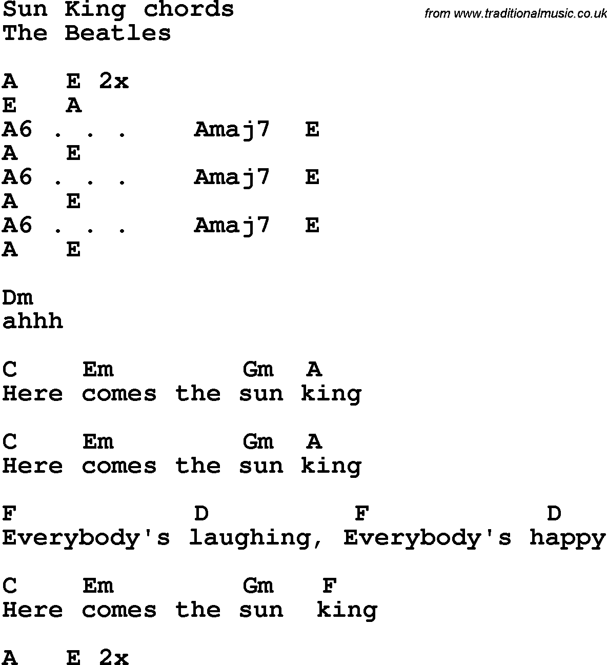 Song Lyrics with guitar chords for Sun King - The Beatles