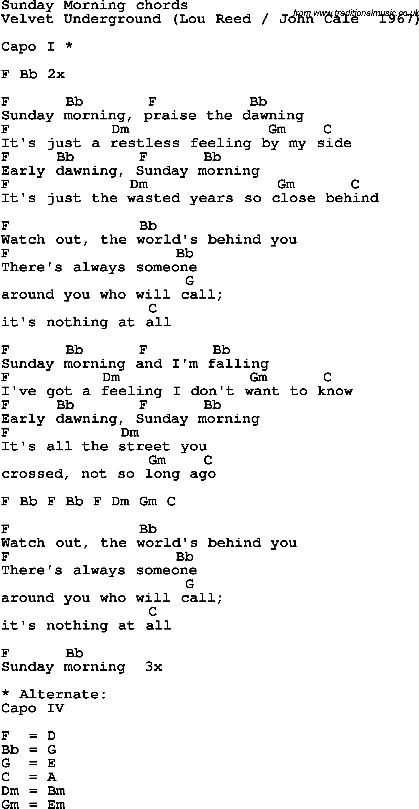 Song Lyrics with guitar chords for Sunday Morning