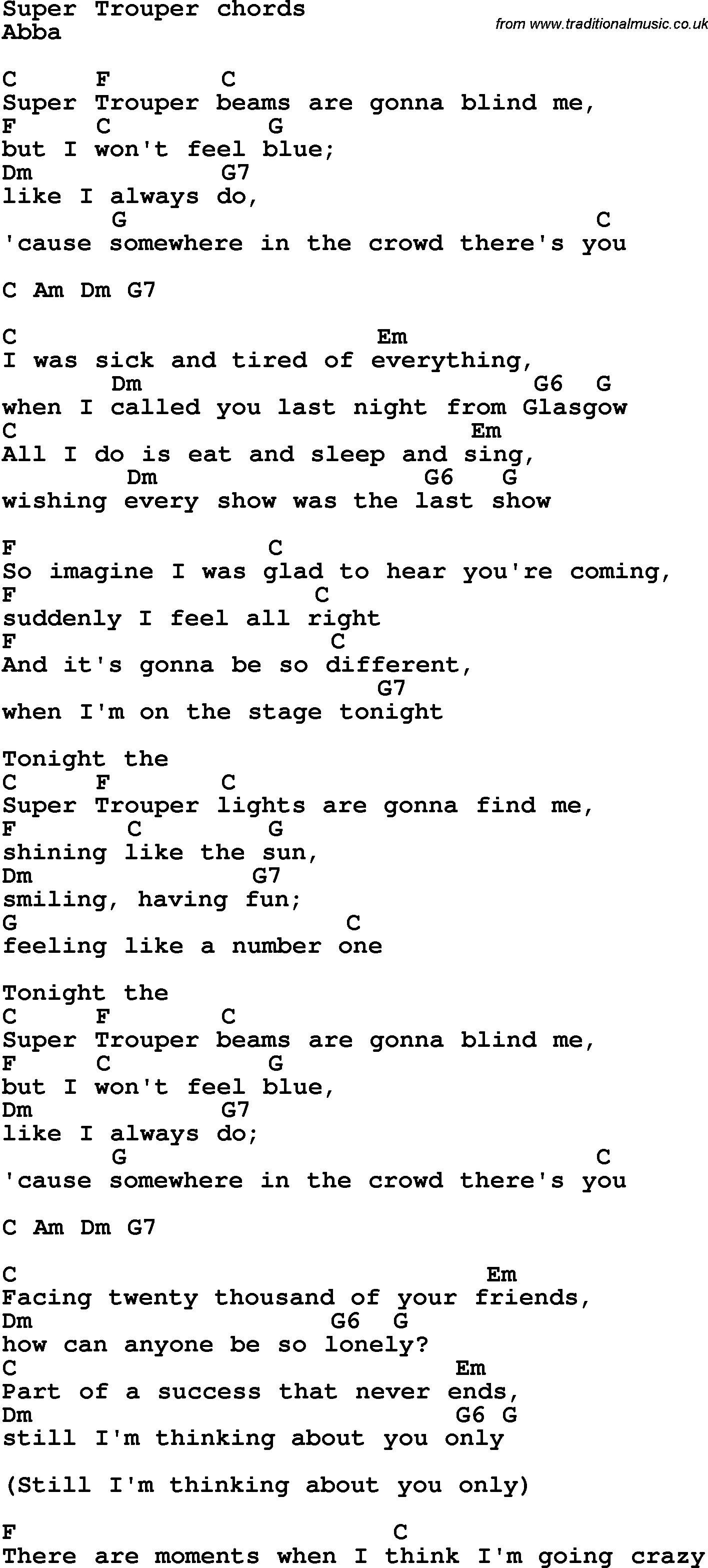 Song Lyrics with guitar chords for Super Trouper