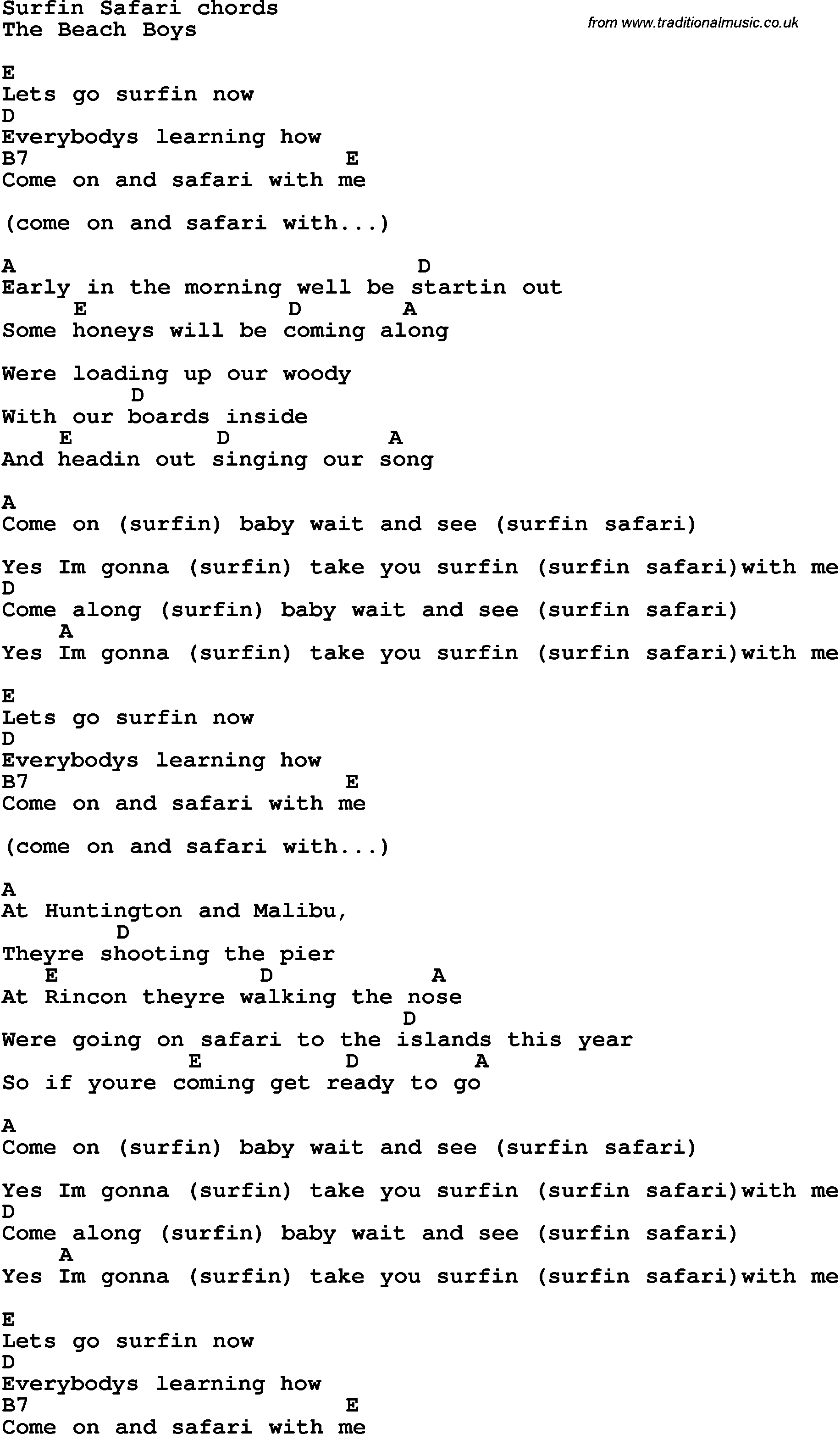 Song Lyrics with guitar chords for Surfin Safari
