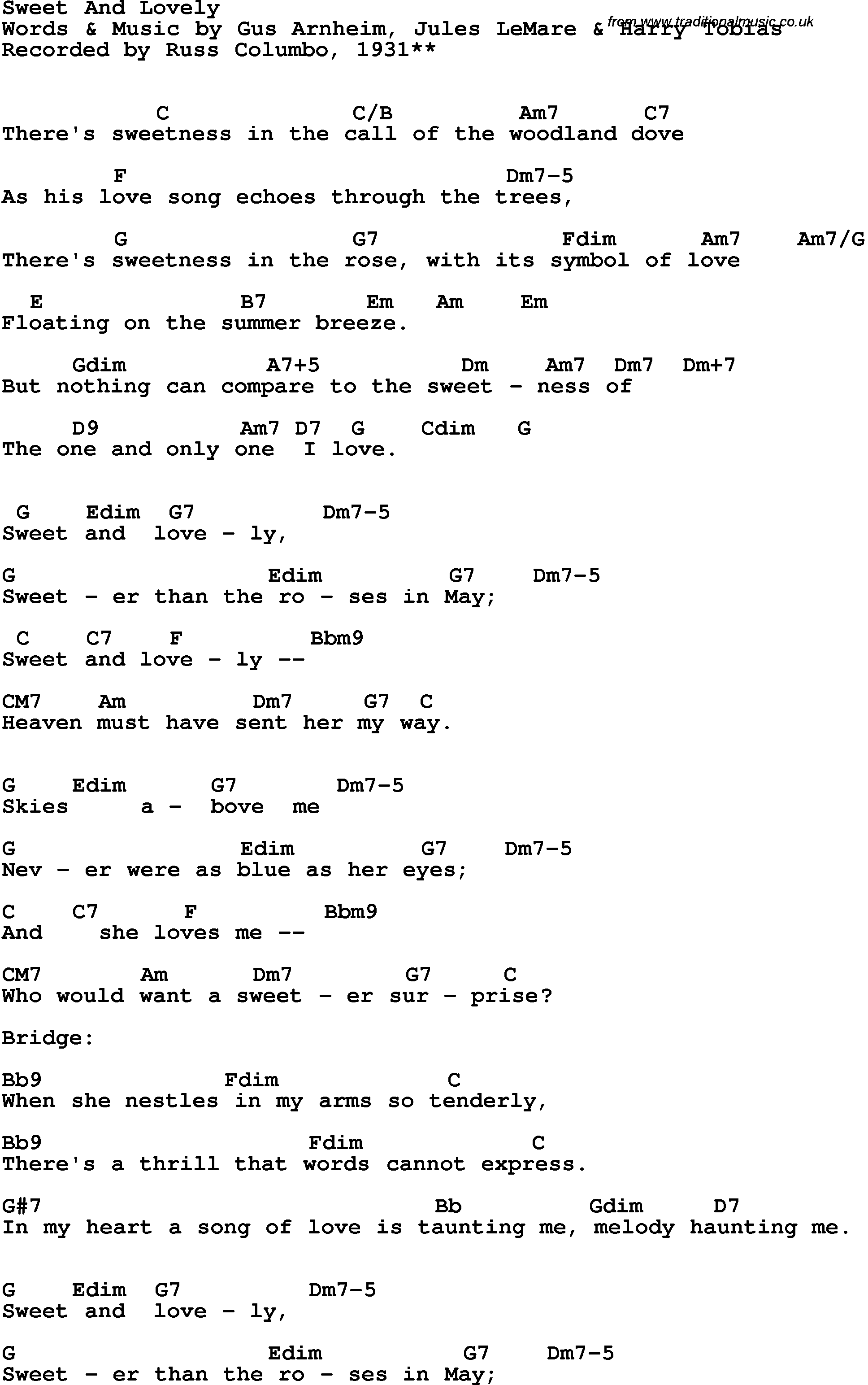 Song Lyrics with guitar chords for Sweet And Lovely - Russ Columboa, 1931