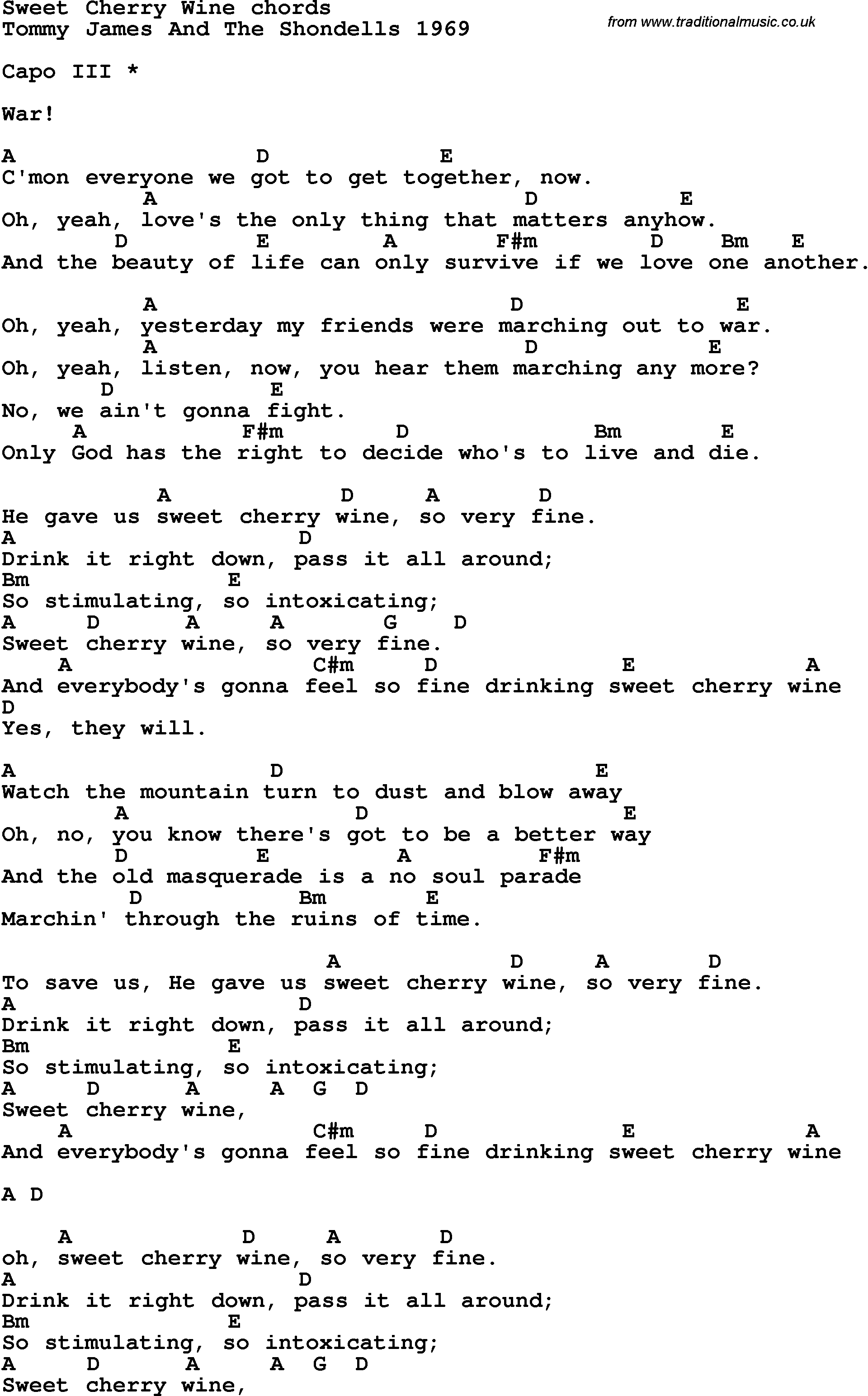 Song Lyrics with guitar chords for Sweet Cherry Wine