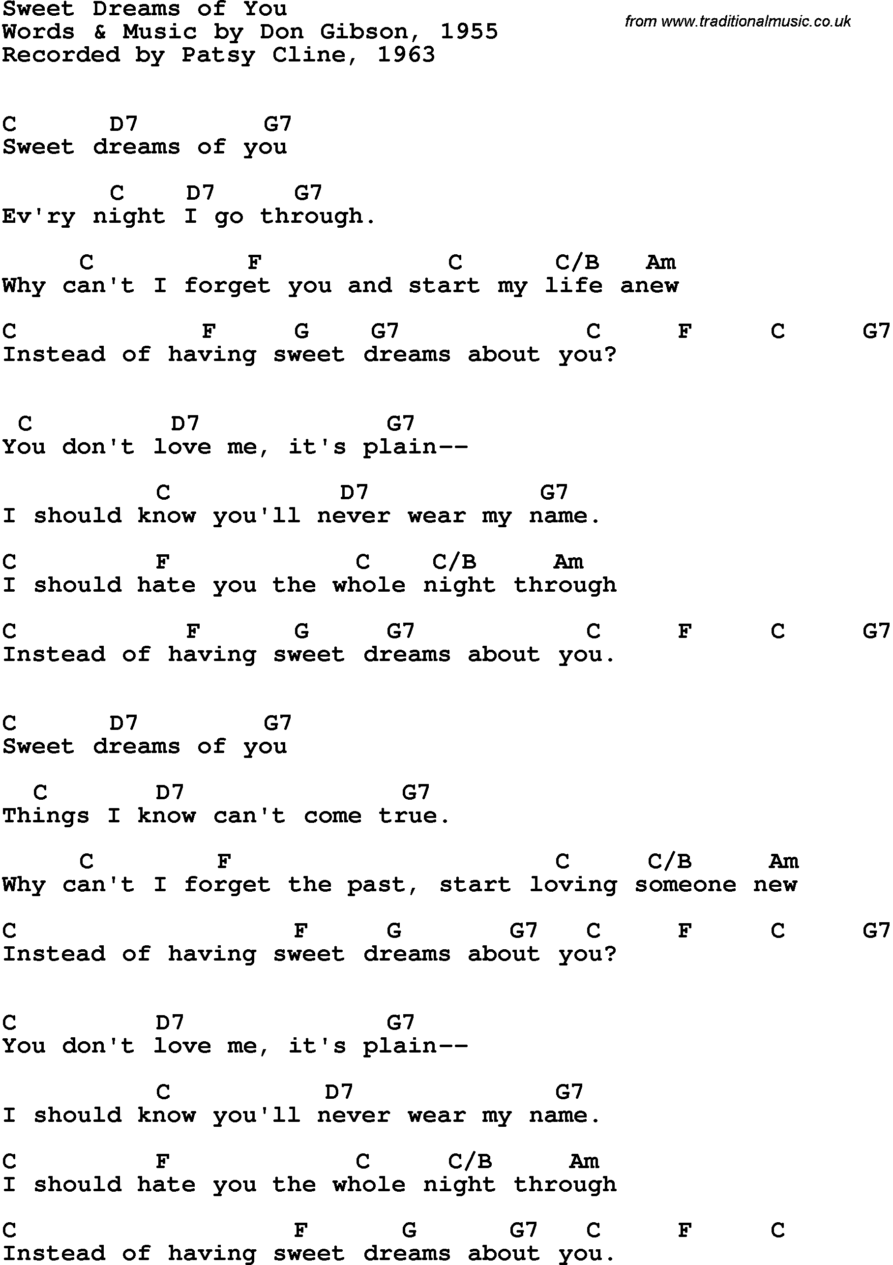 Song Lyrics with guitar chords for Sweet Dreams - Patsy Cline, 1963