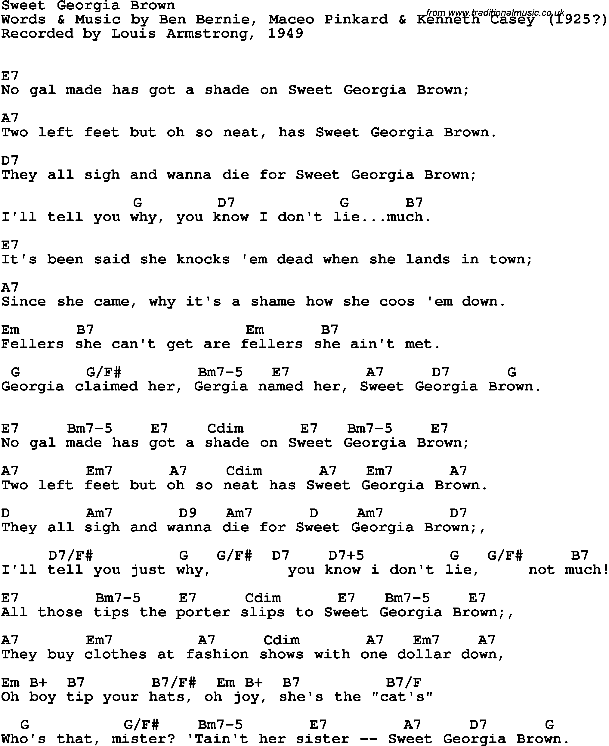 Song Lyrics with guitar chords for Sweet Georgia Brown - Louis Armstrong, 1949