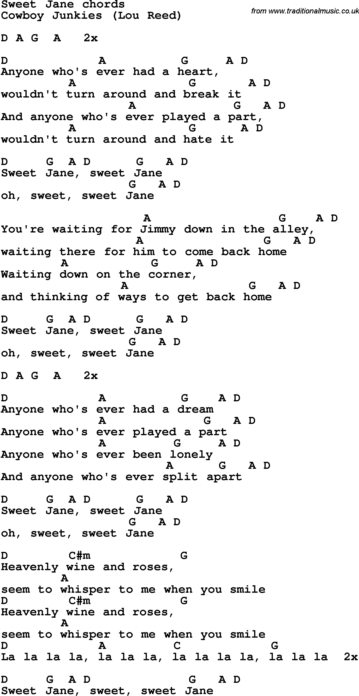 Song Lyrics with guitar chords for Sweet Jane
