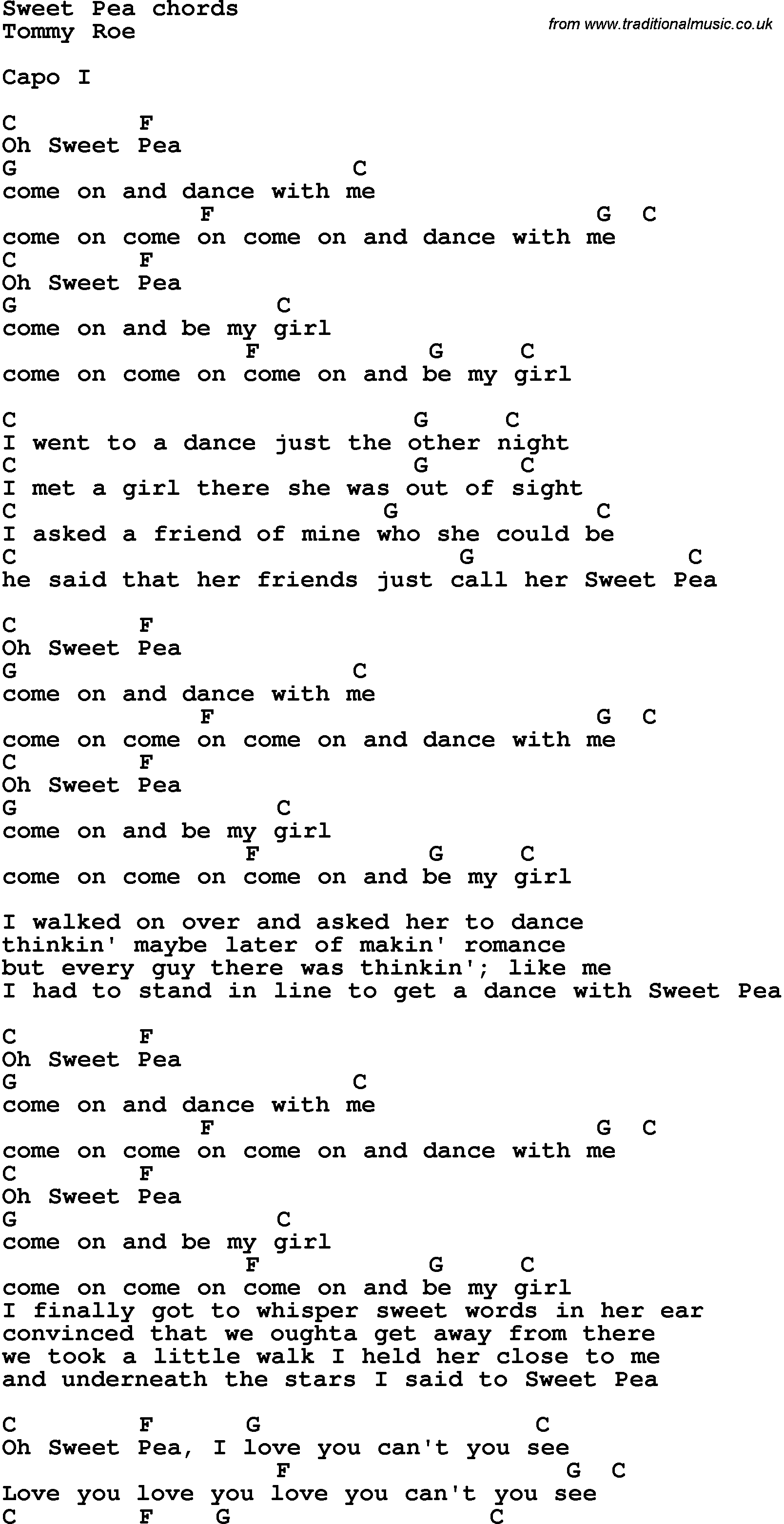 Song Lyrics with guitar chords for Sweet Pea