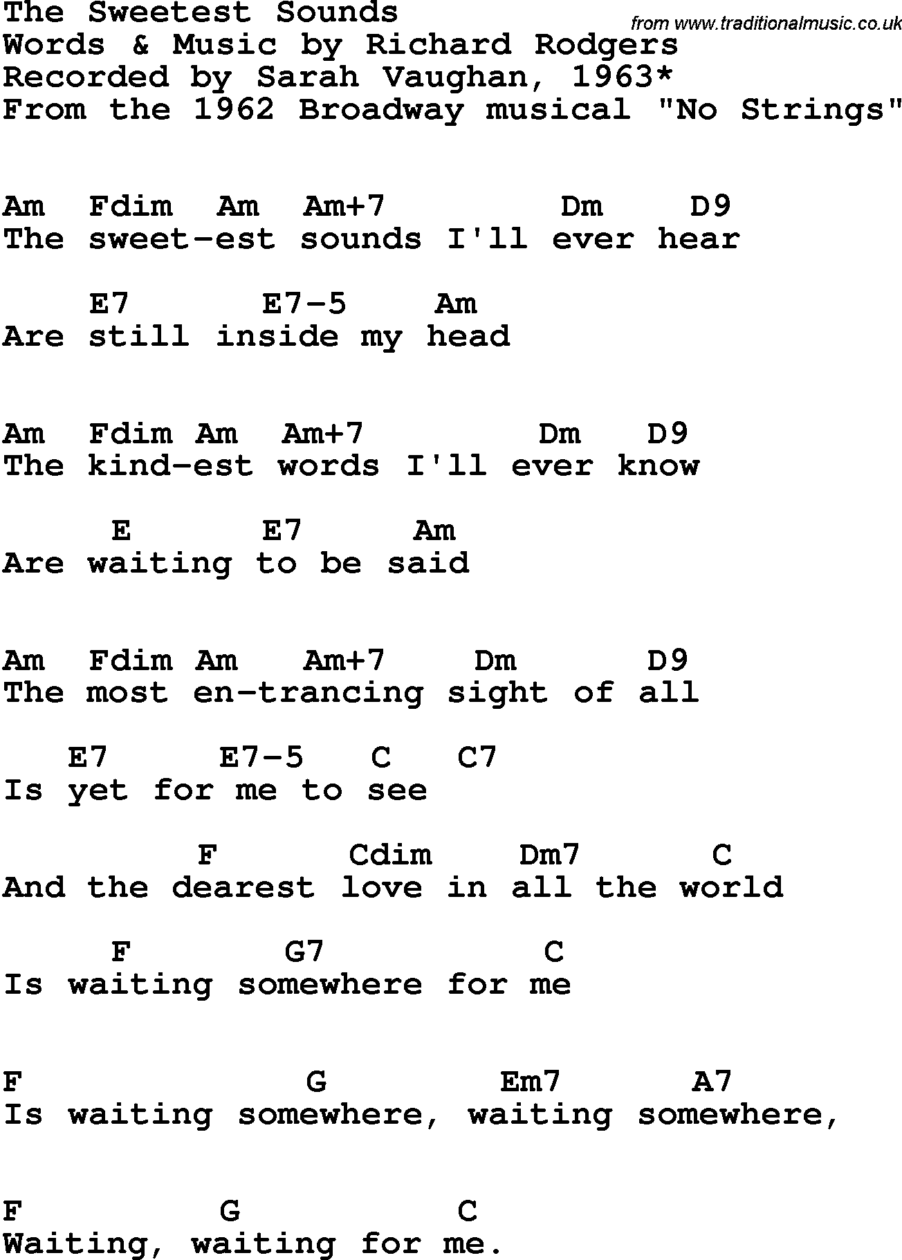 Song Lyrics with guitar chords for Sweetest Sounds, The - Sarah Vaughan, 1963