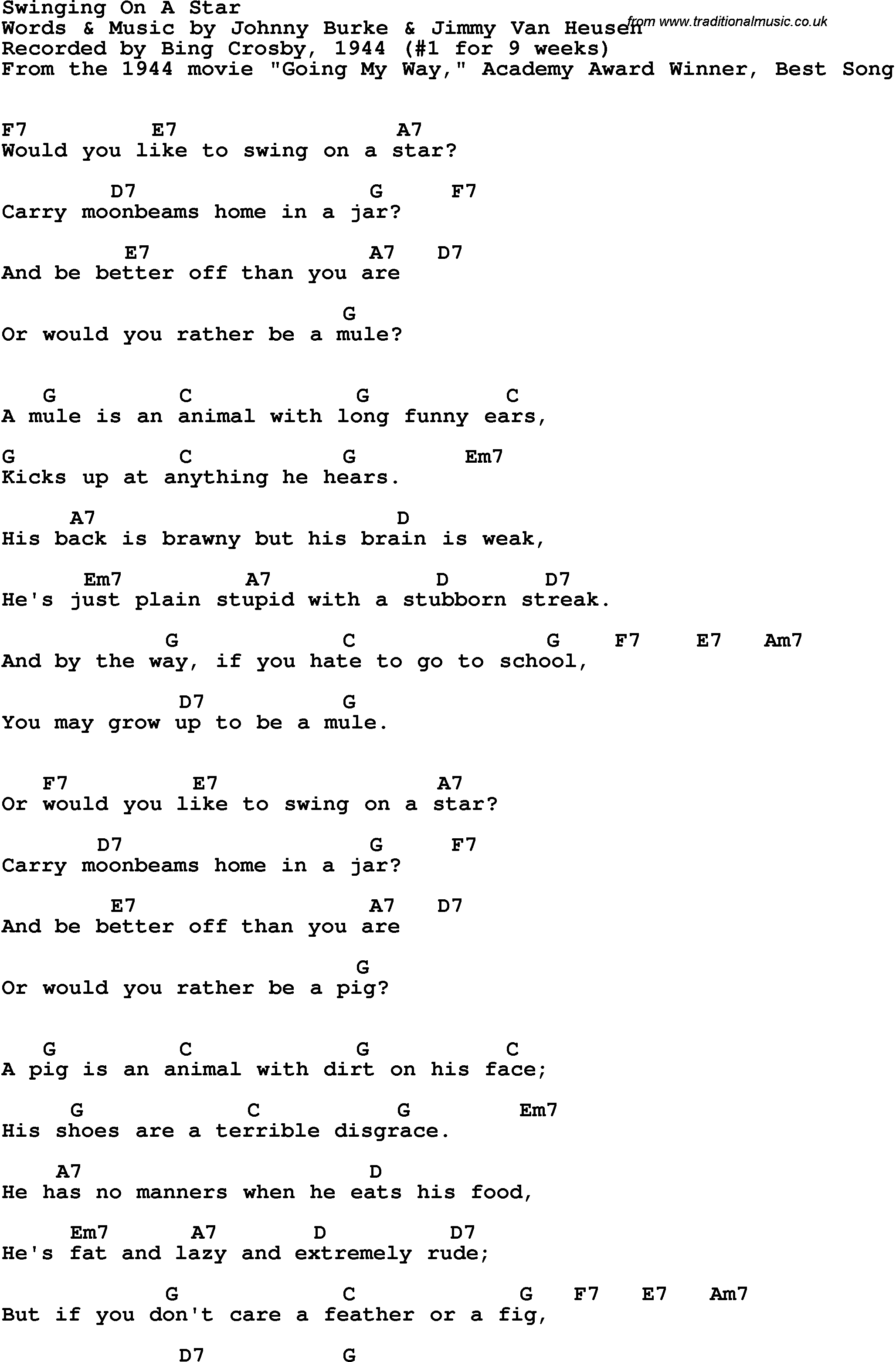 Song Lyrics with guitar chords for Swingin' On A Star - Bing Crosby, 1944