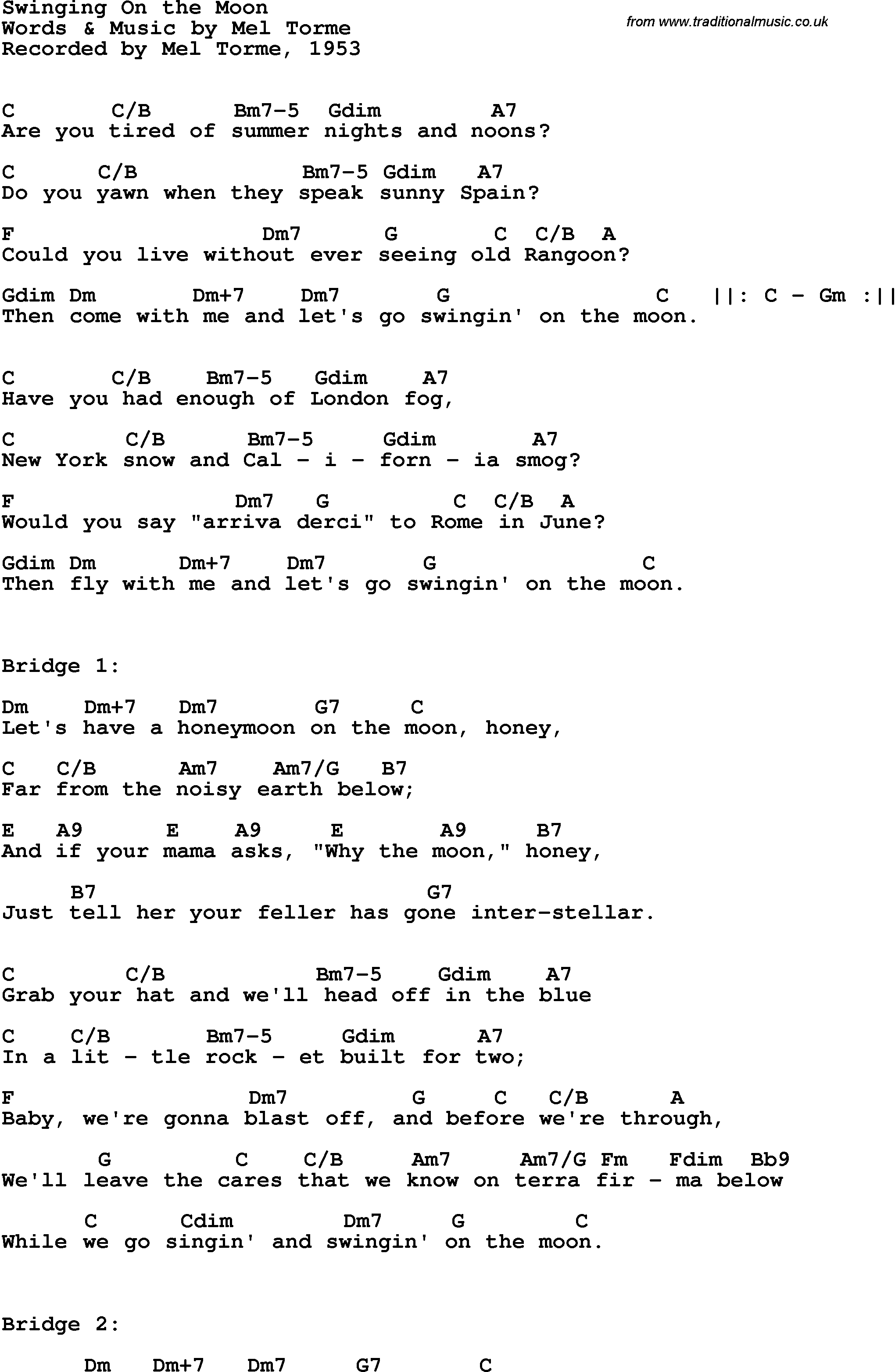 Song Lyrics with guitar chords for Swingin' On The Moon - Mel Torme, 1953