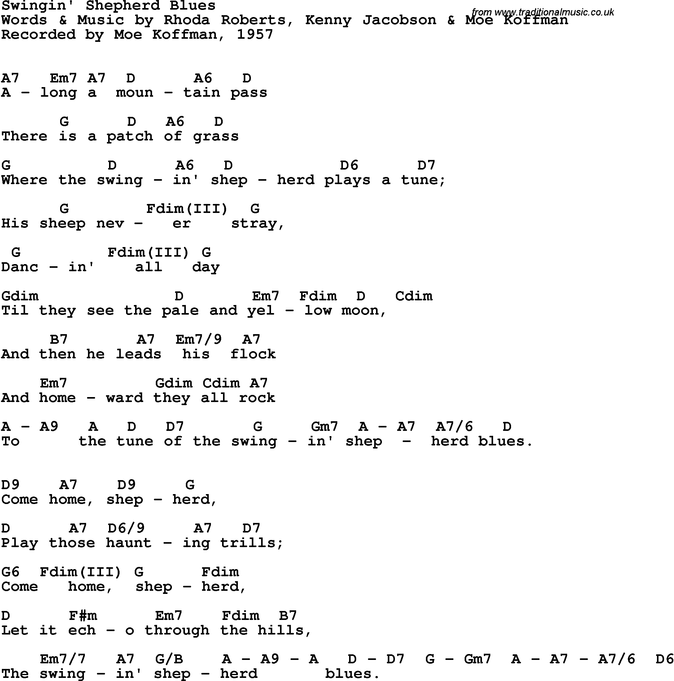 Song Lyrics with guitar chords for Swingin' Shepherd Blues - Moe Koffman, 1957