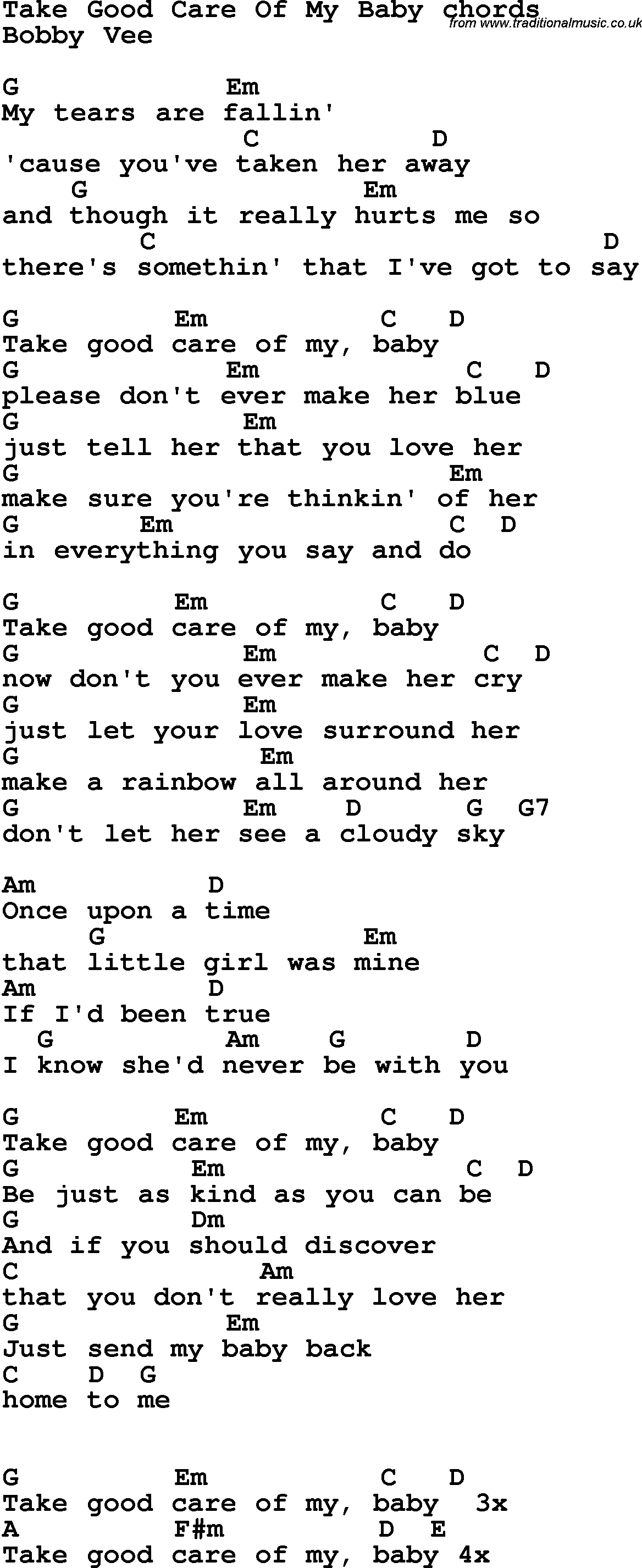 Song Lyrics with guitar chords for Take Good Care Of My Baby