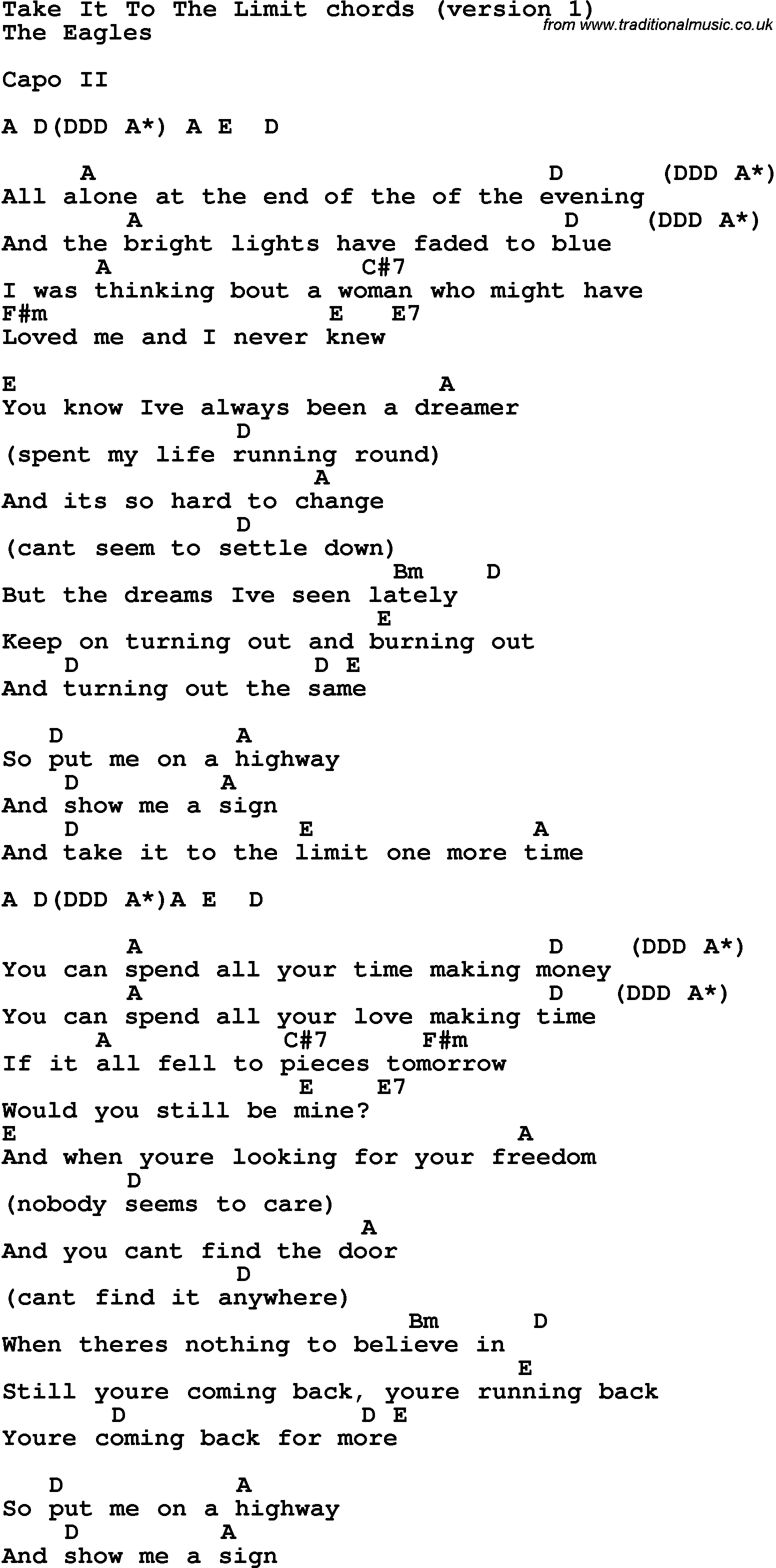 Song Lyrics with guitar chords for Take It To The Limit
