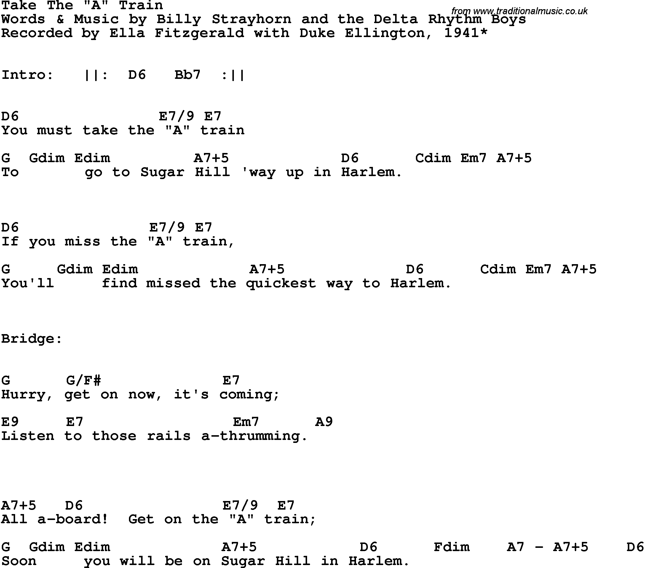Song Lyrics with guitar chords for Take The A Train - Ella Fitzgerald & Duke Ellington, 1941