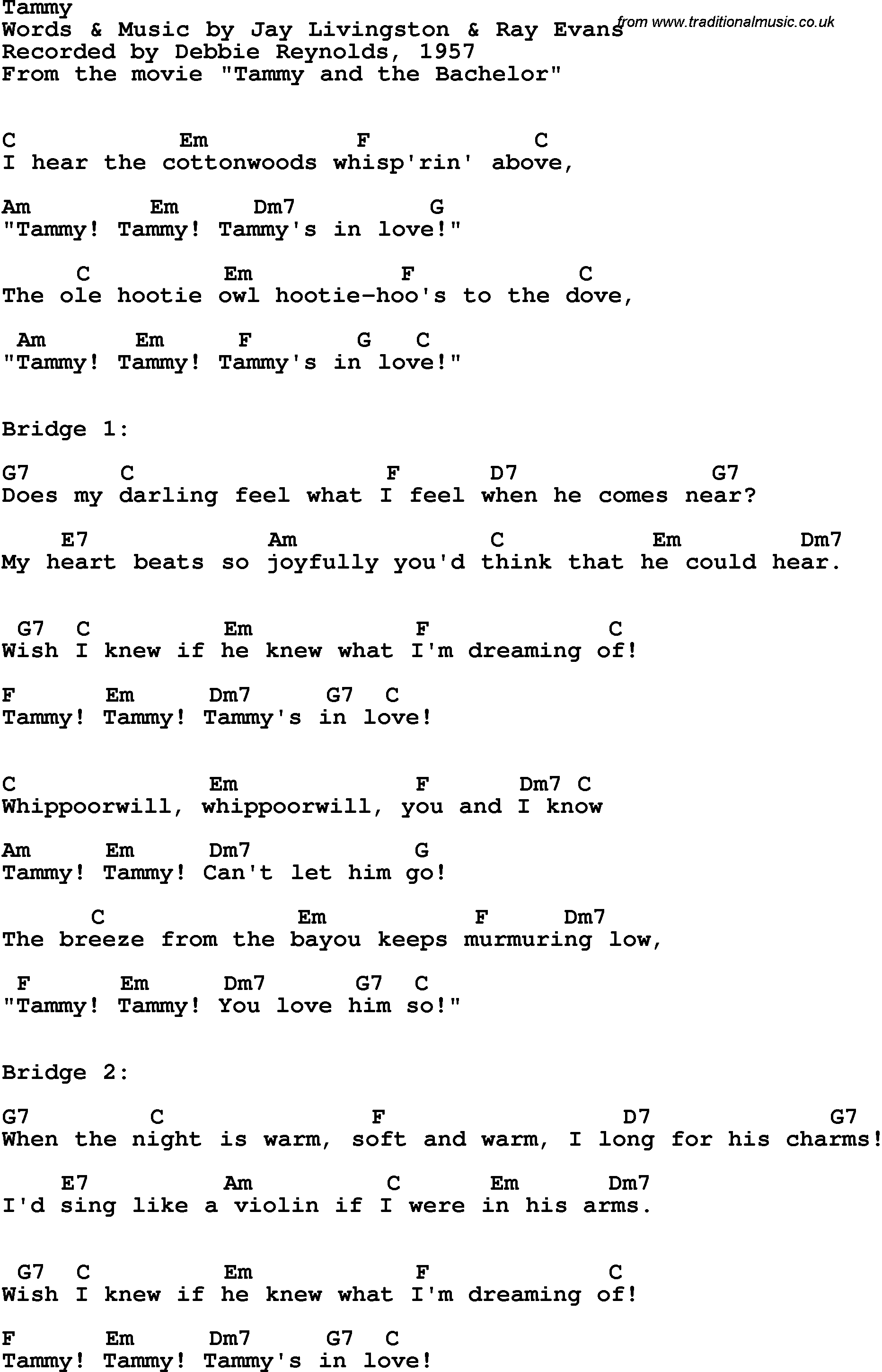 Song Lyrics with guitar chords for Tammy - Debbie Reynolds, 1957