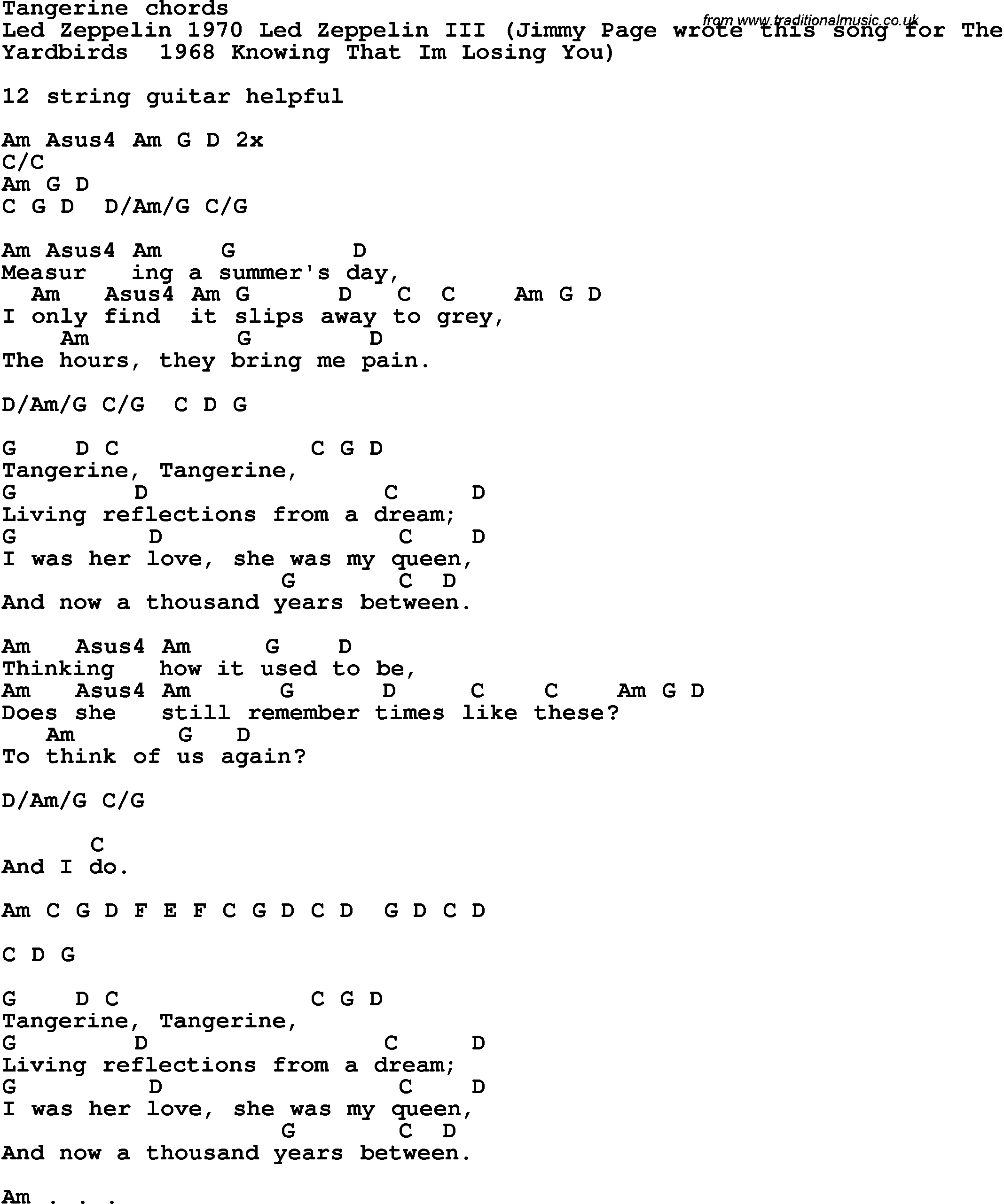Song Lyrics with guitar chords for Tangerine - Led Zeppelin
