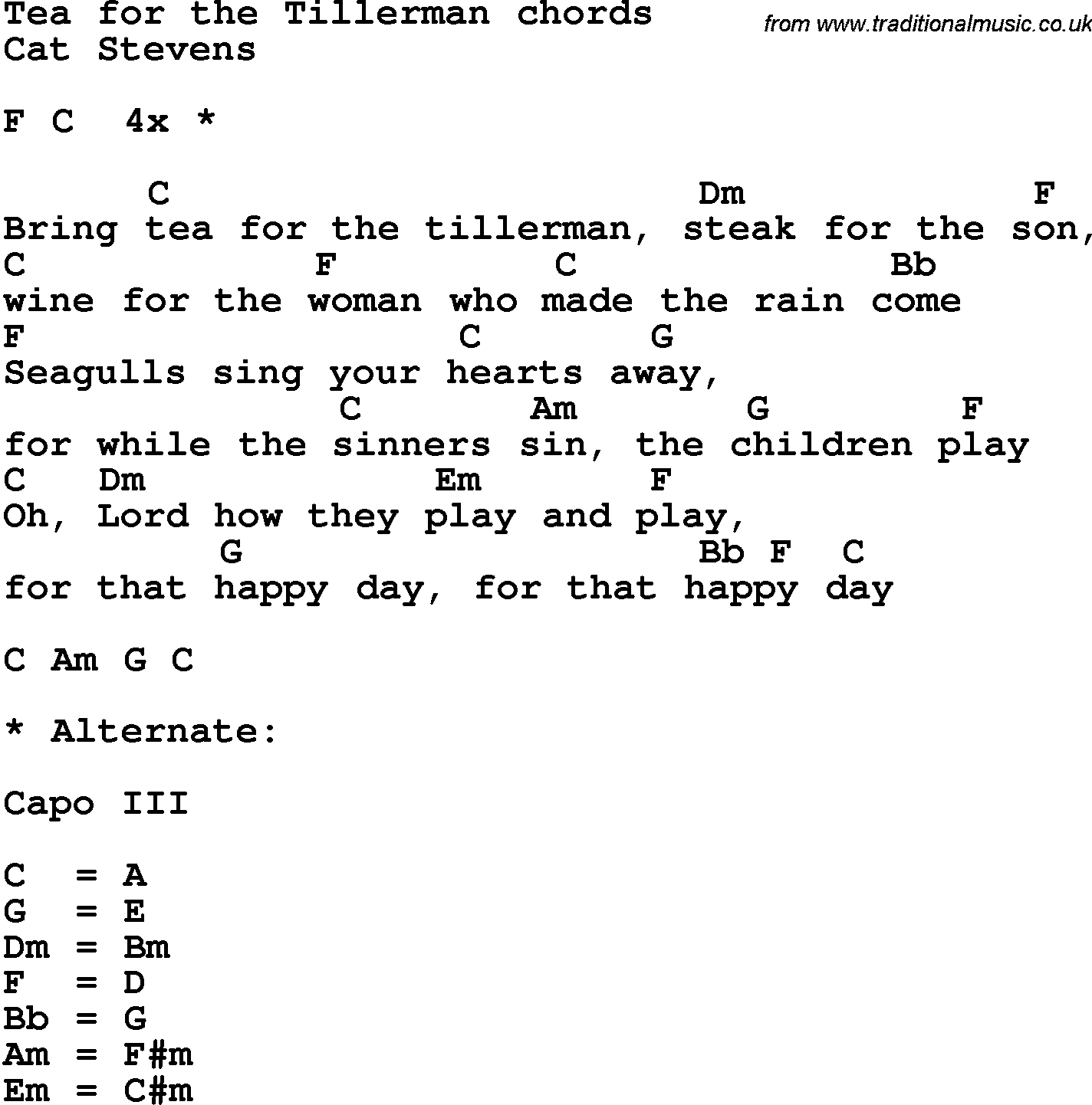 Song Lyrics with guitar chords for Tea For The Tillerman