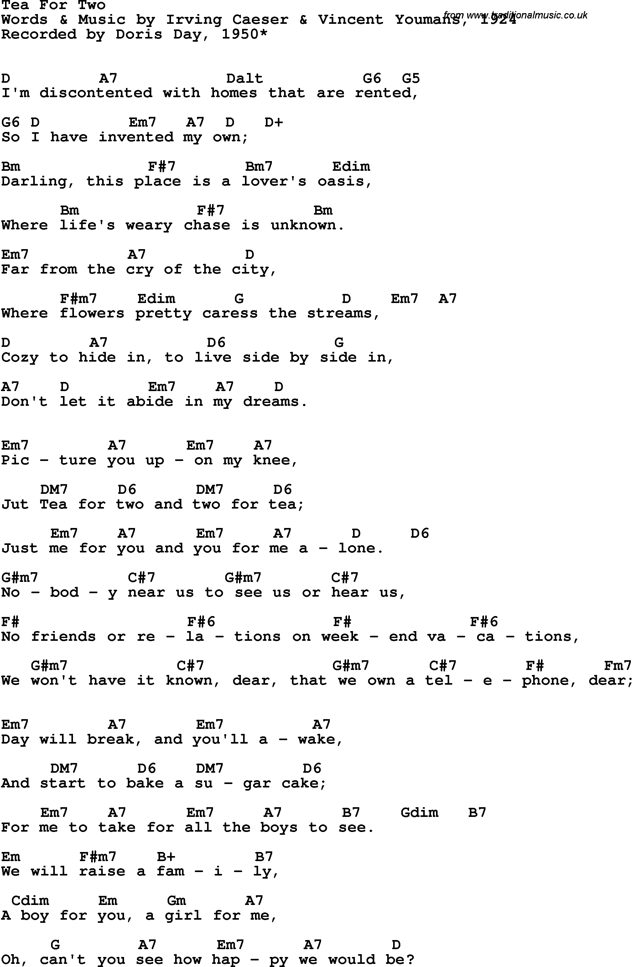 Song Lyrics with guitar chords for Tea For Two - Doris Day, 1950