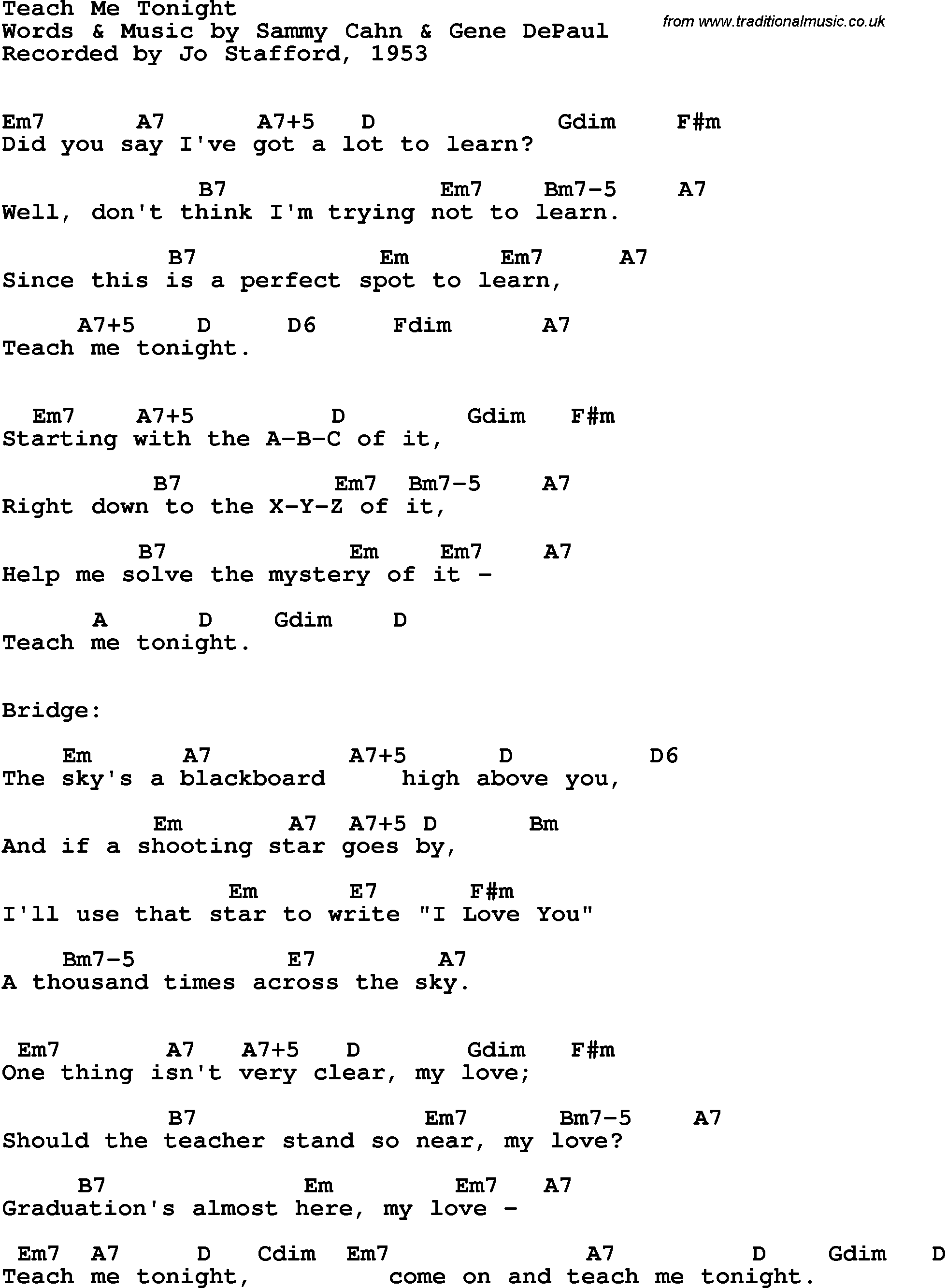 Song Lyrics with guitar chords for Teach Me Tonight - Jo Stafford, 1953