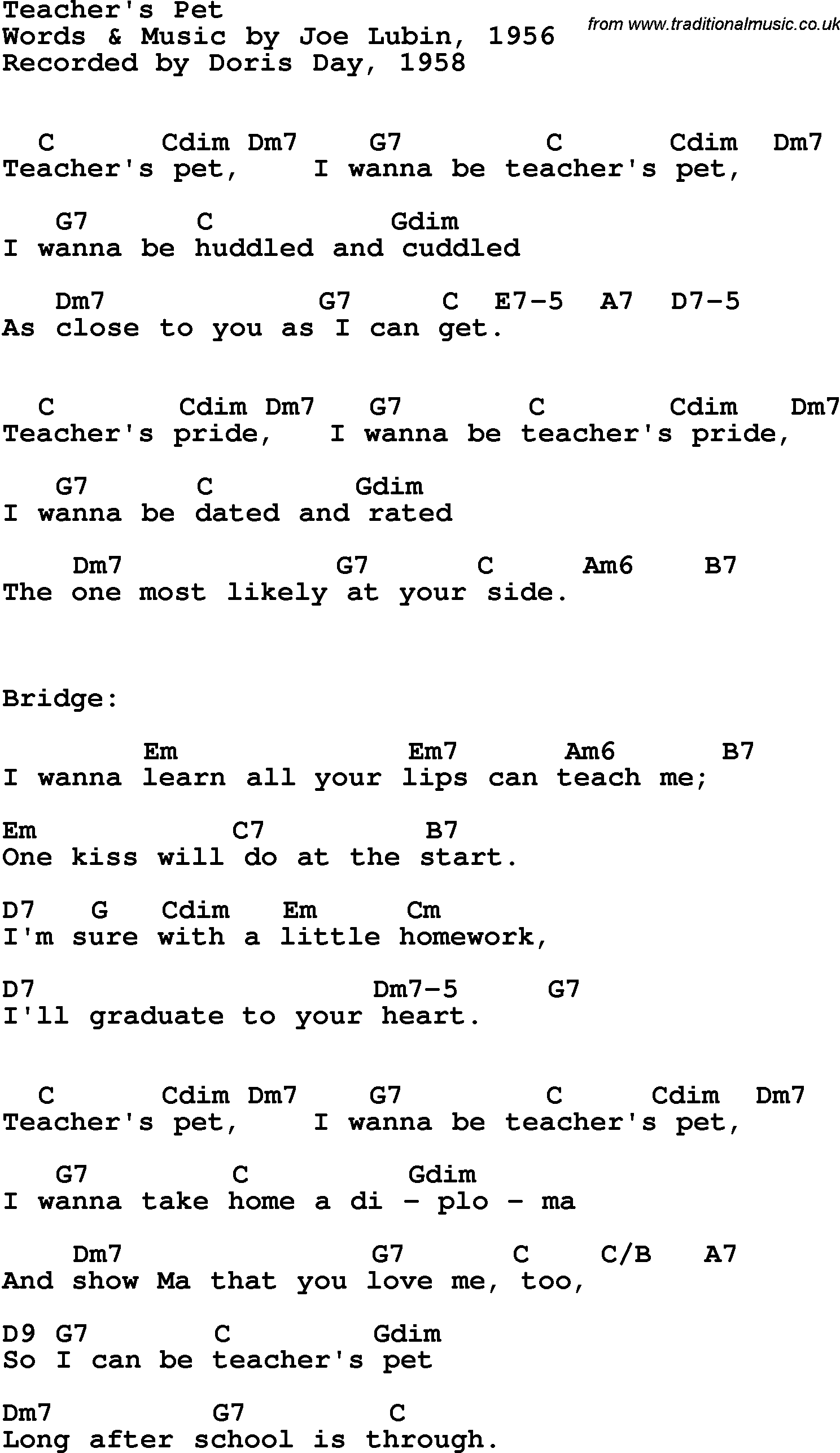 Song Lyrics with guitar chords for Teacher's Pet - Doris Day, 1958