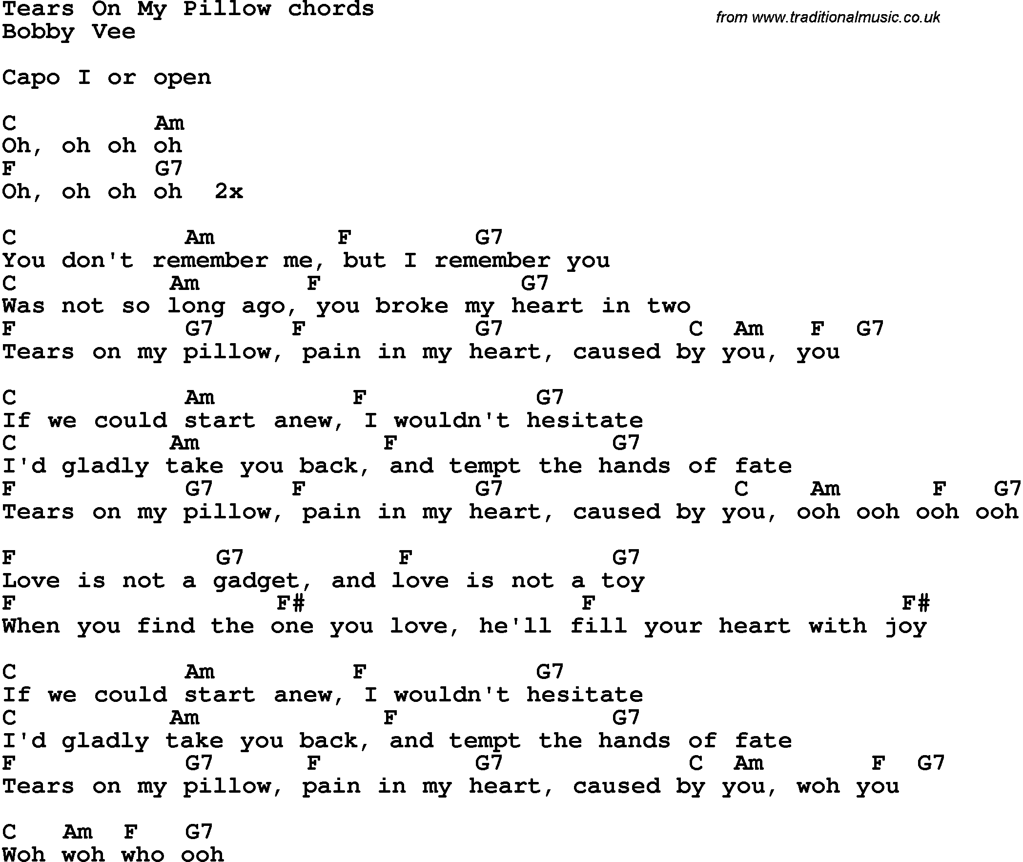 Song Lyrics with guitar chords for Tears On My Pillow - Bobby Vee