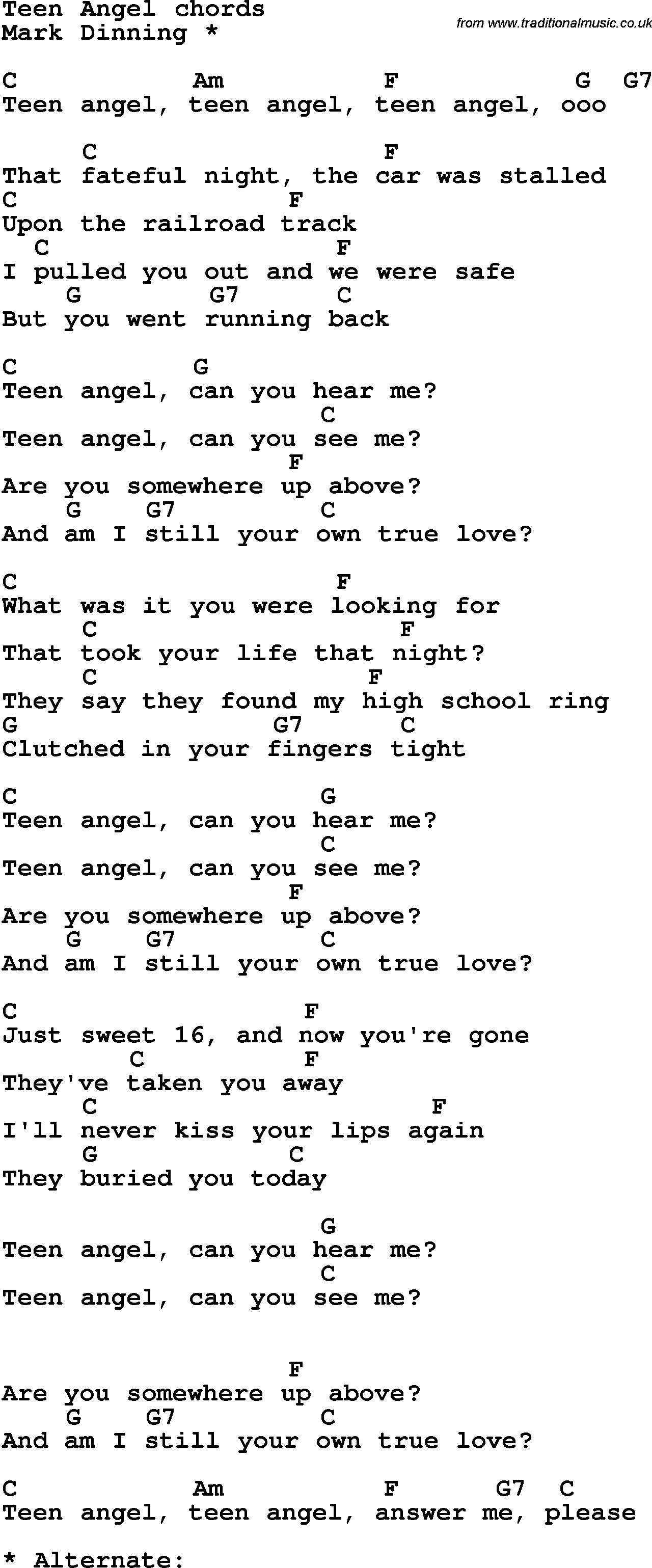 Song Lyrics with guitar chords for Teen Angel - Mark Dinning