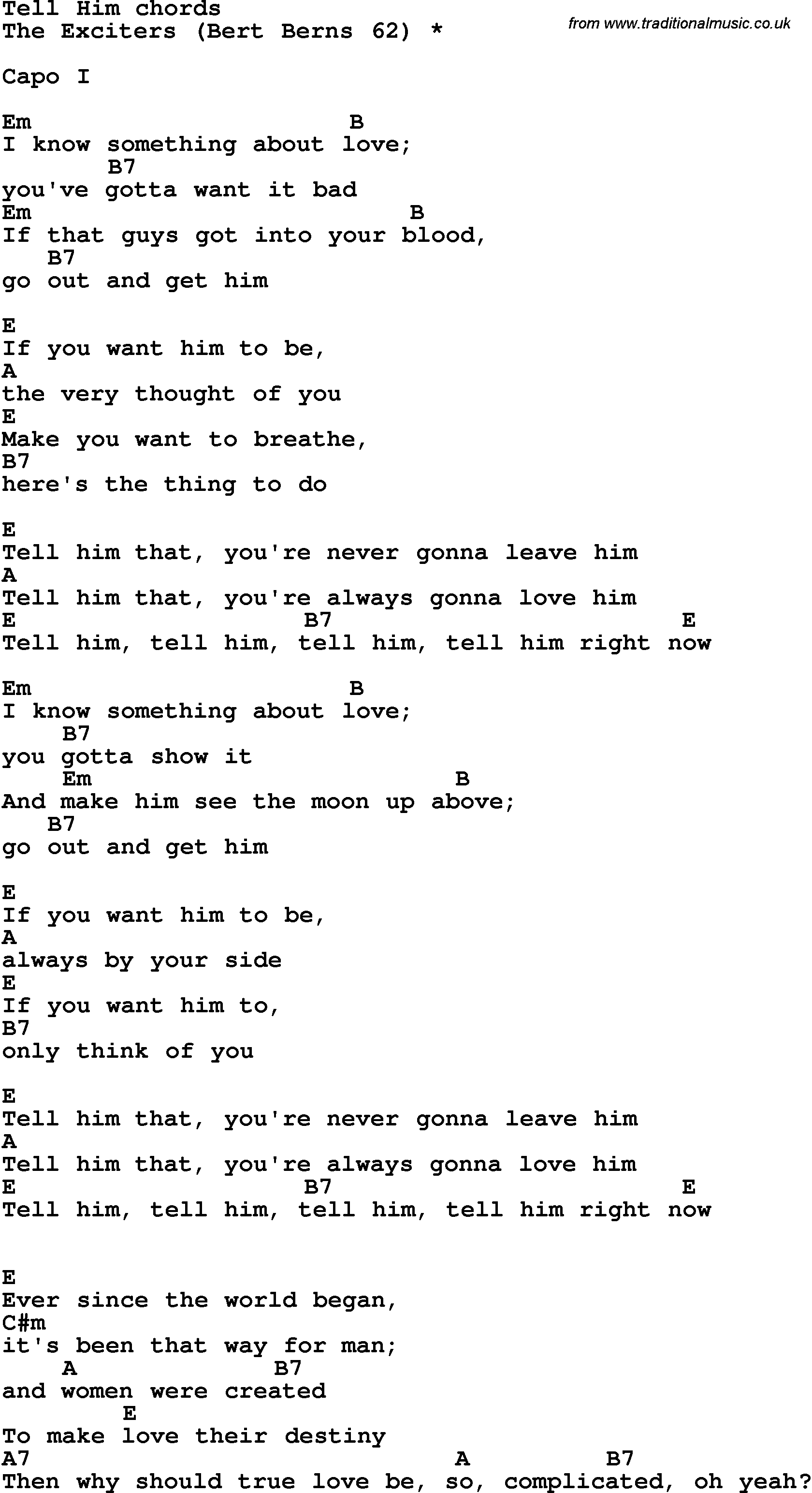 Song Lyrics with guitar chords for Tell Him - The Exciters