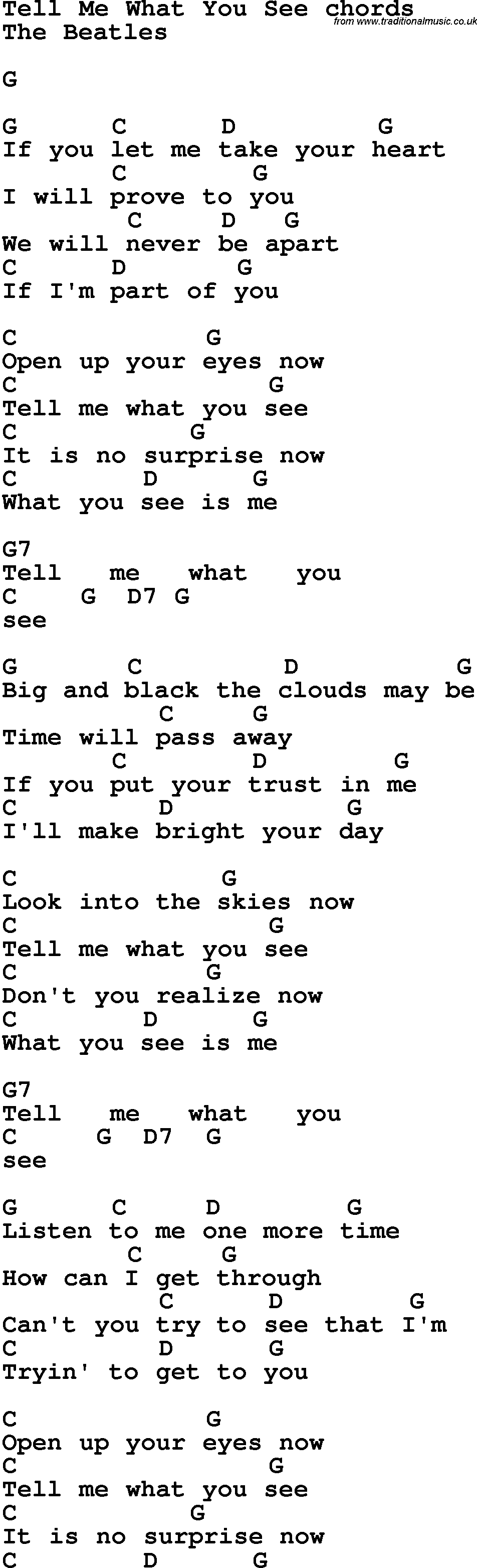 Song Lyrics with guitar chords for Tell Me What You See