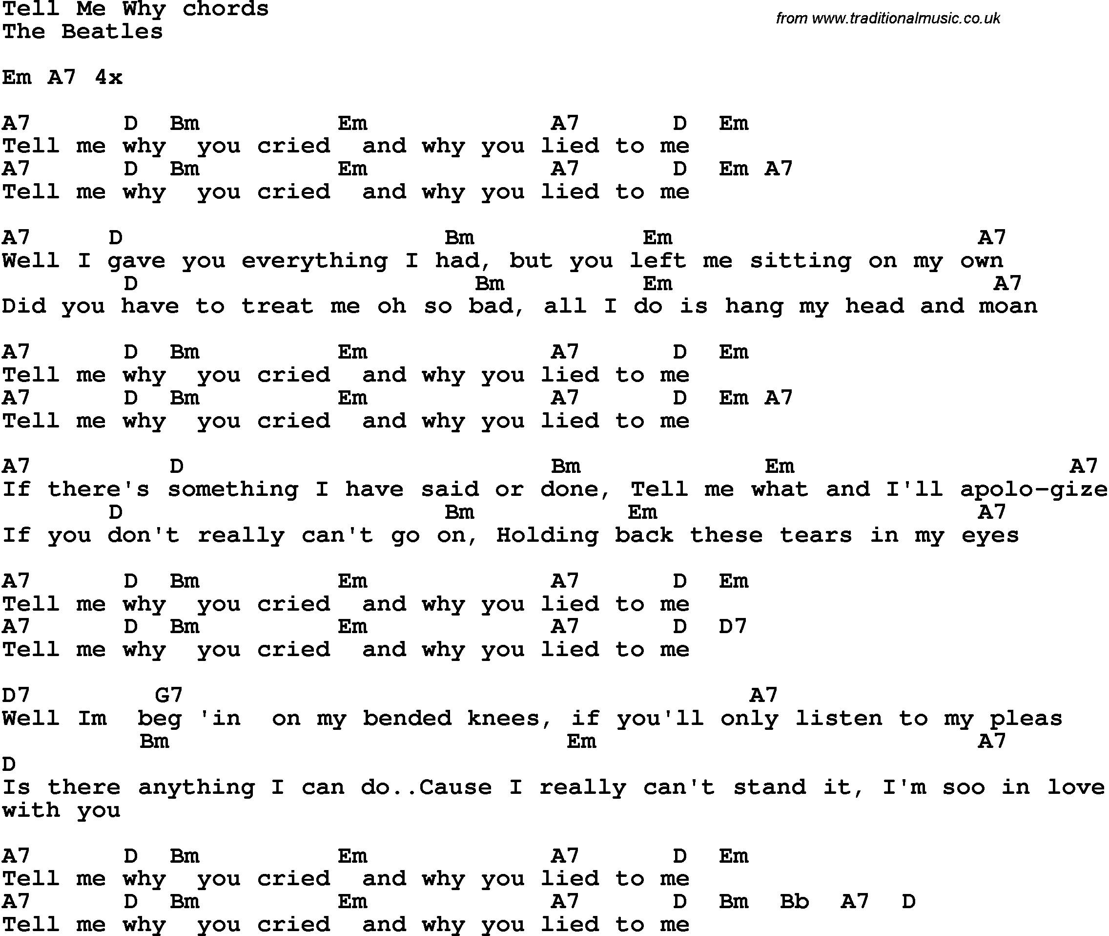 Song Lyrics with guitar chords for Tell Me Why - The Beatles