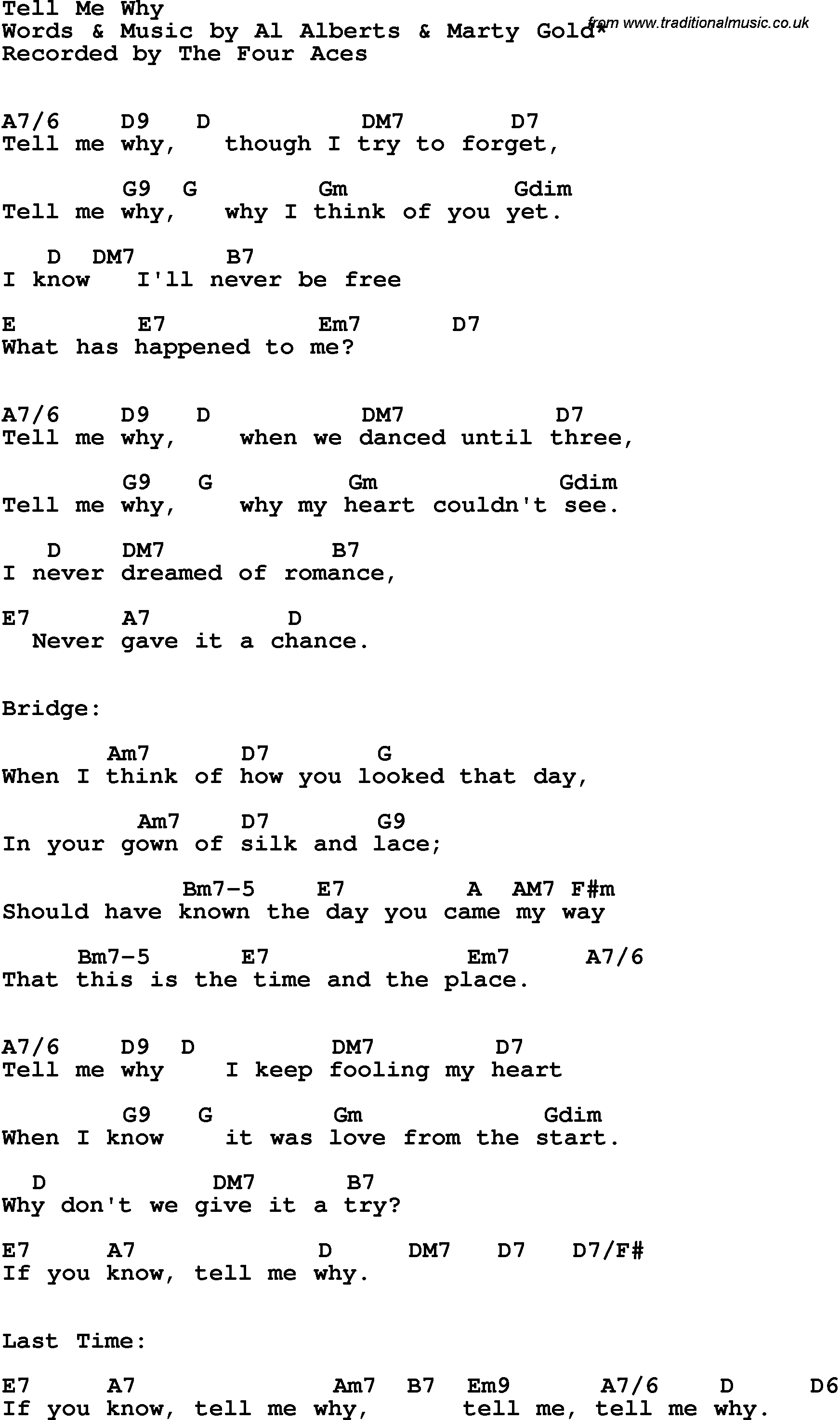 Song Lyrics with guitar chords for Tell Me Why - The Four Aces, 1951