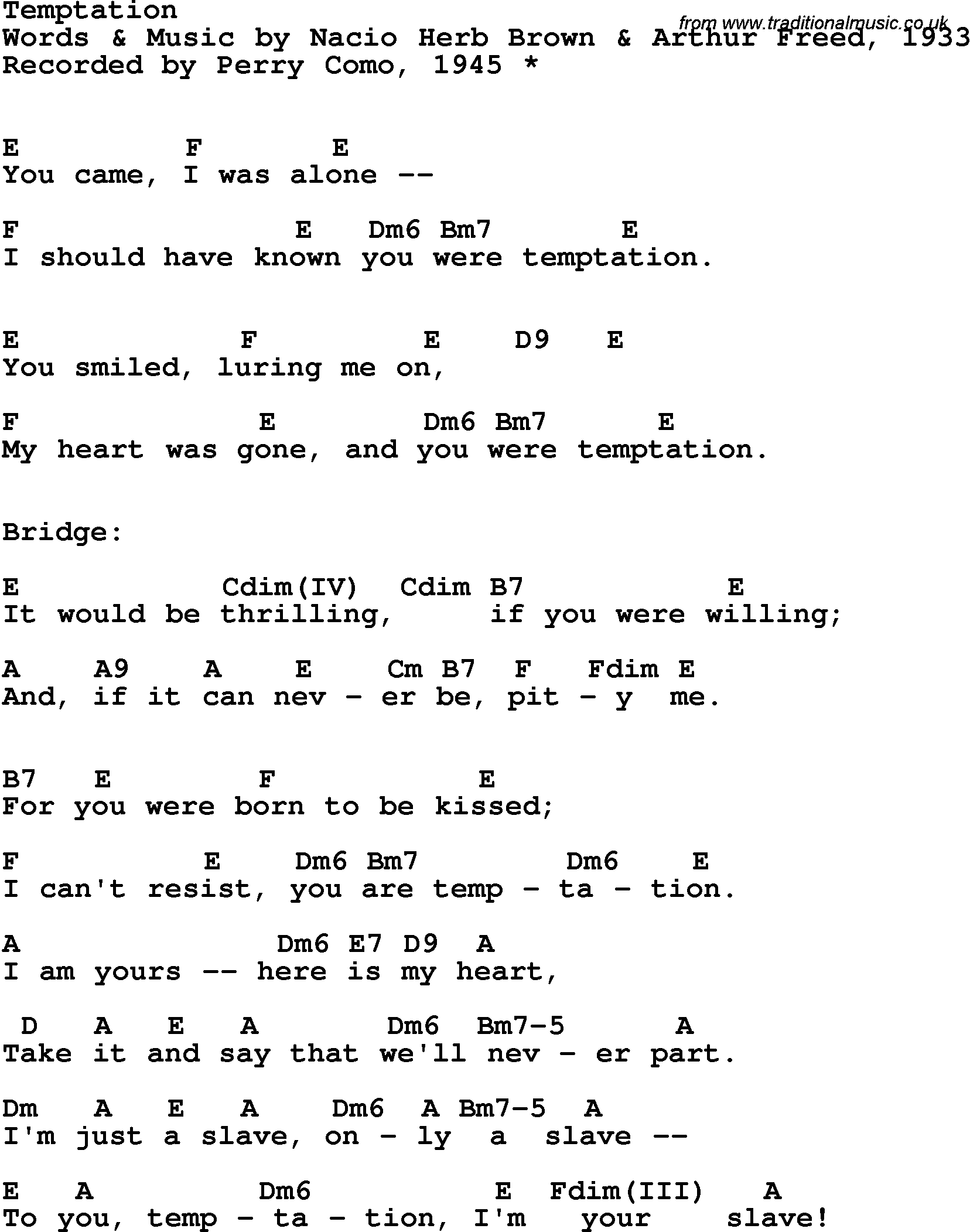 Song Lyrics with guitar chords for Temptation - Perry Como, 1945