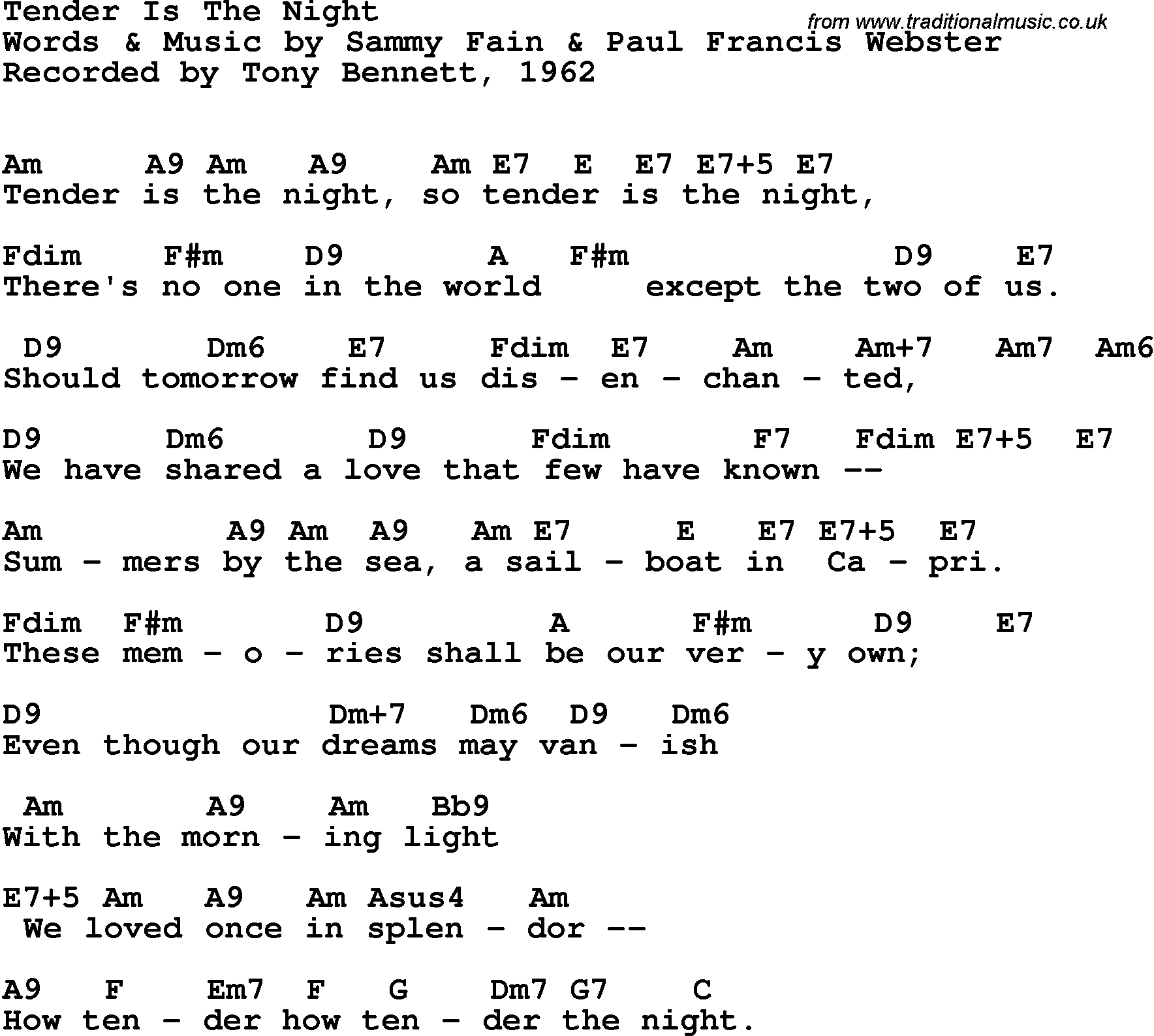 Song Lyrics with guitar chords for Tender Is The Night - Tony Bennett, 1962