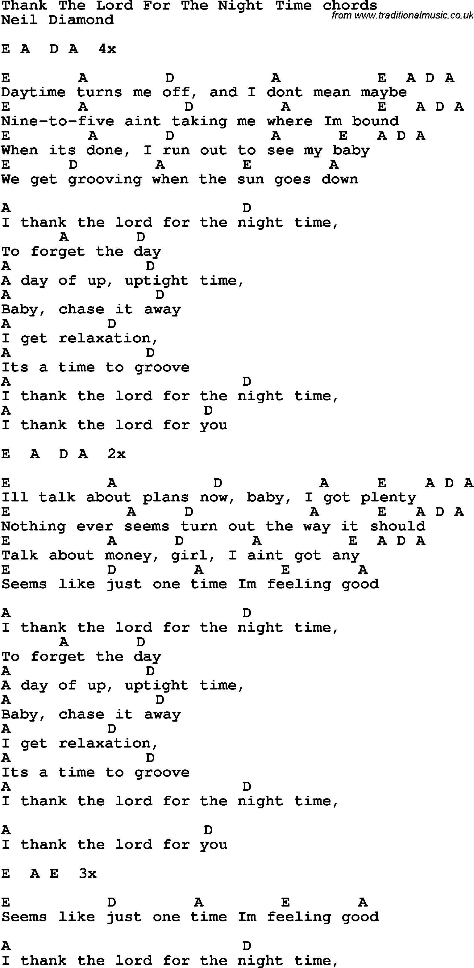 Song Lyrics with guitar chords for Thank The Lord For The Nightime