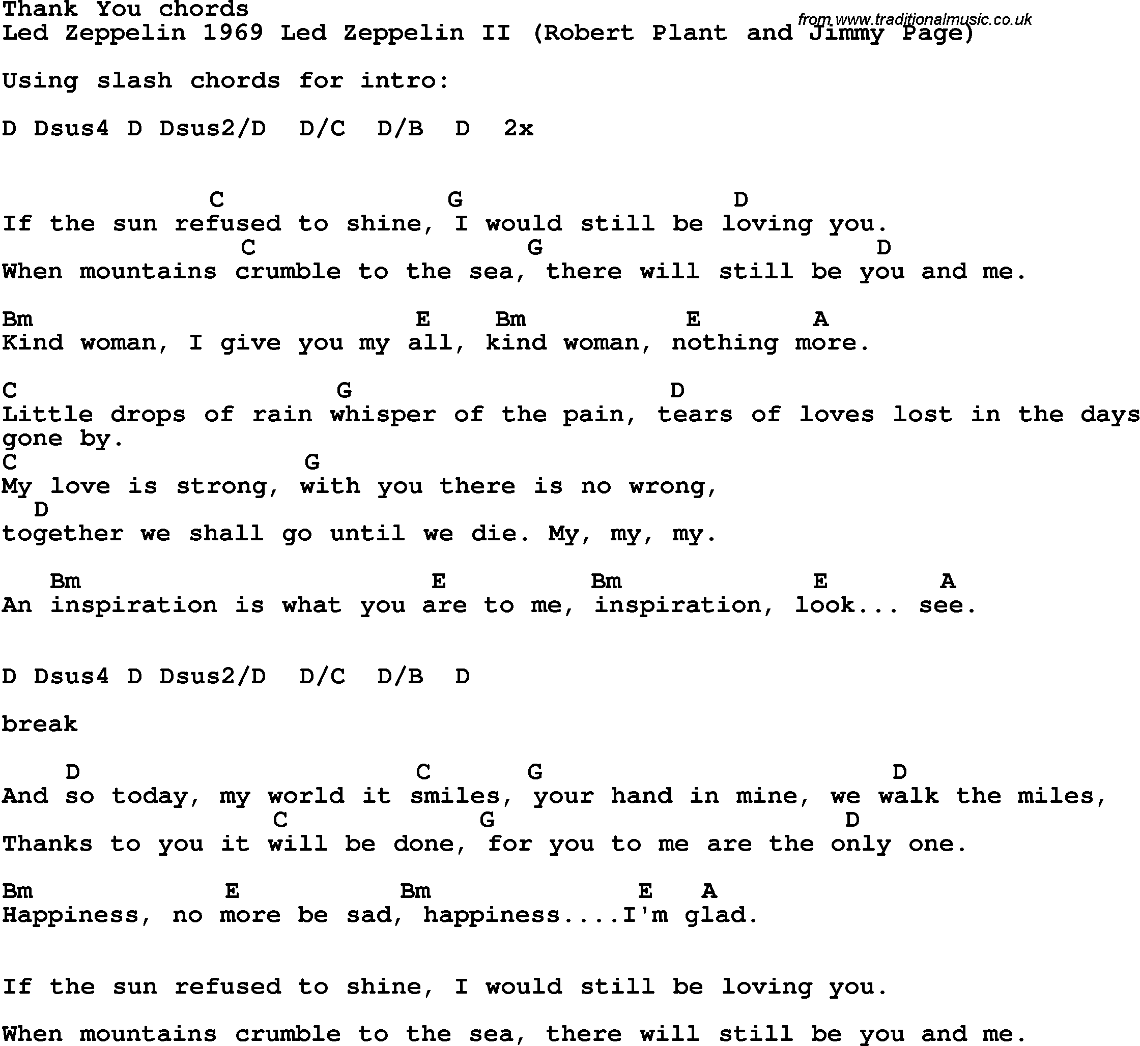 Song Lyrics with guitar chords for Thank You - Led Zeppelin