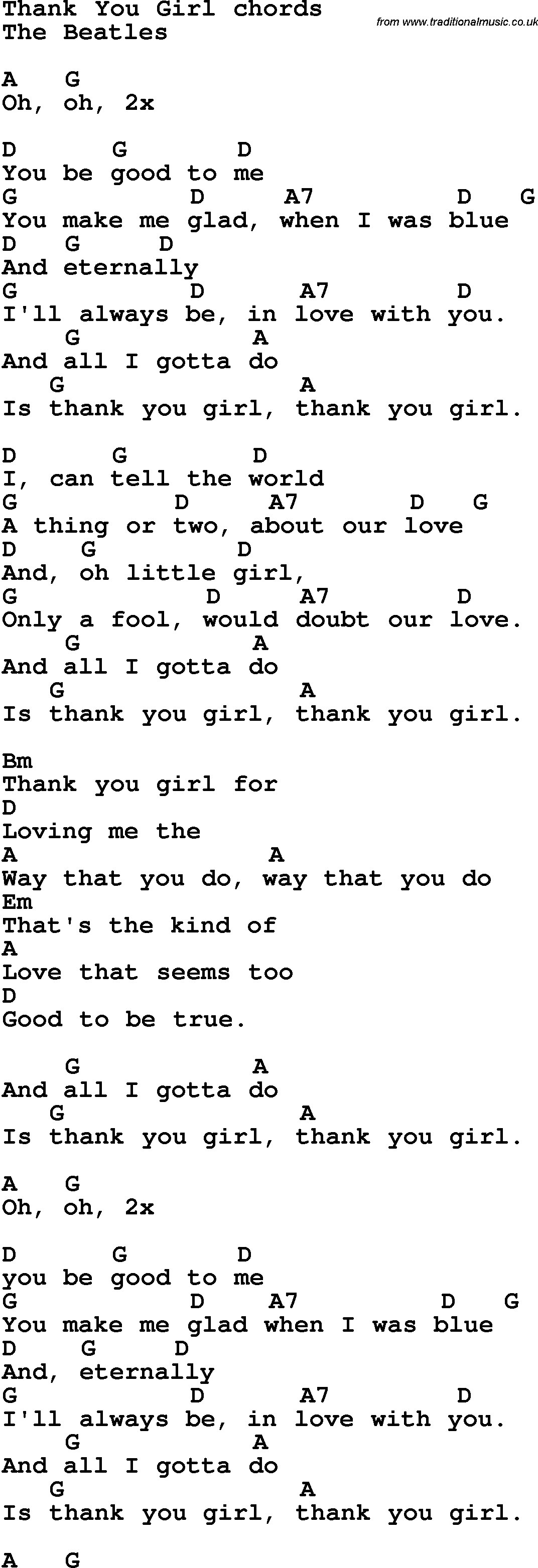 Song Lyrics with guitar chords for Thank You Girl - The Beatles