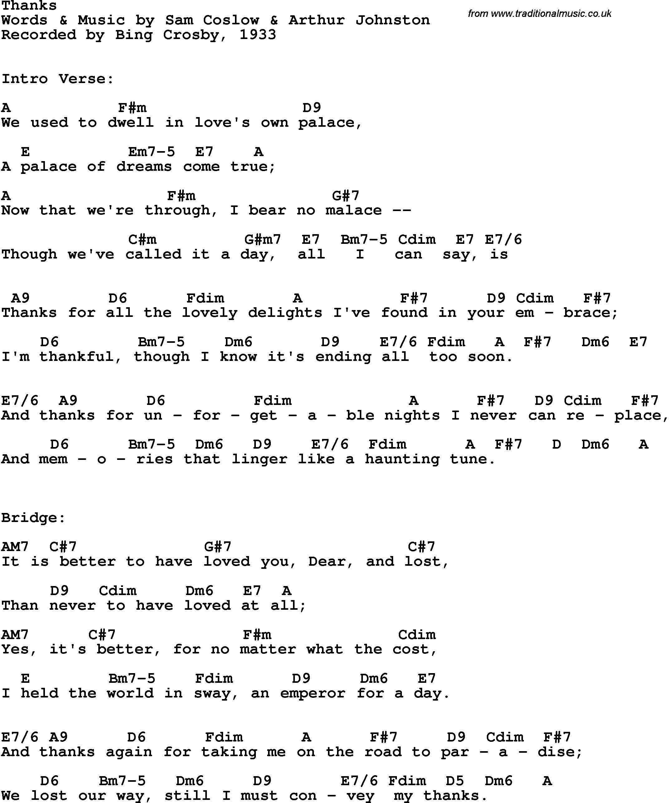 Song Lyrics with guitar chords for Thanks - Bing Crosby, 1933
