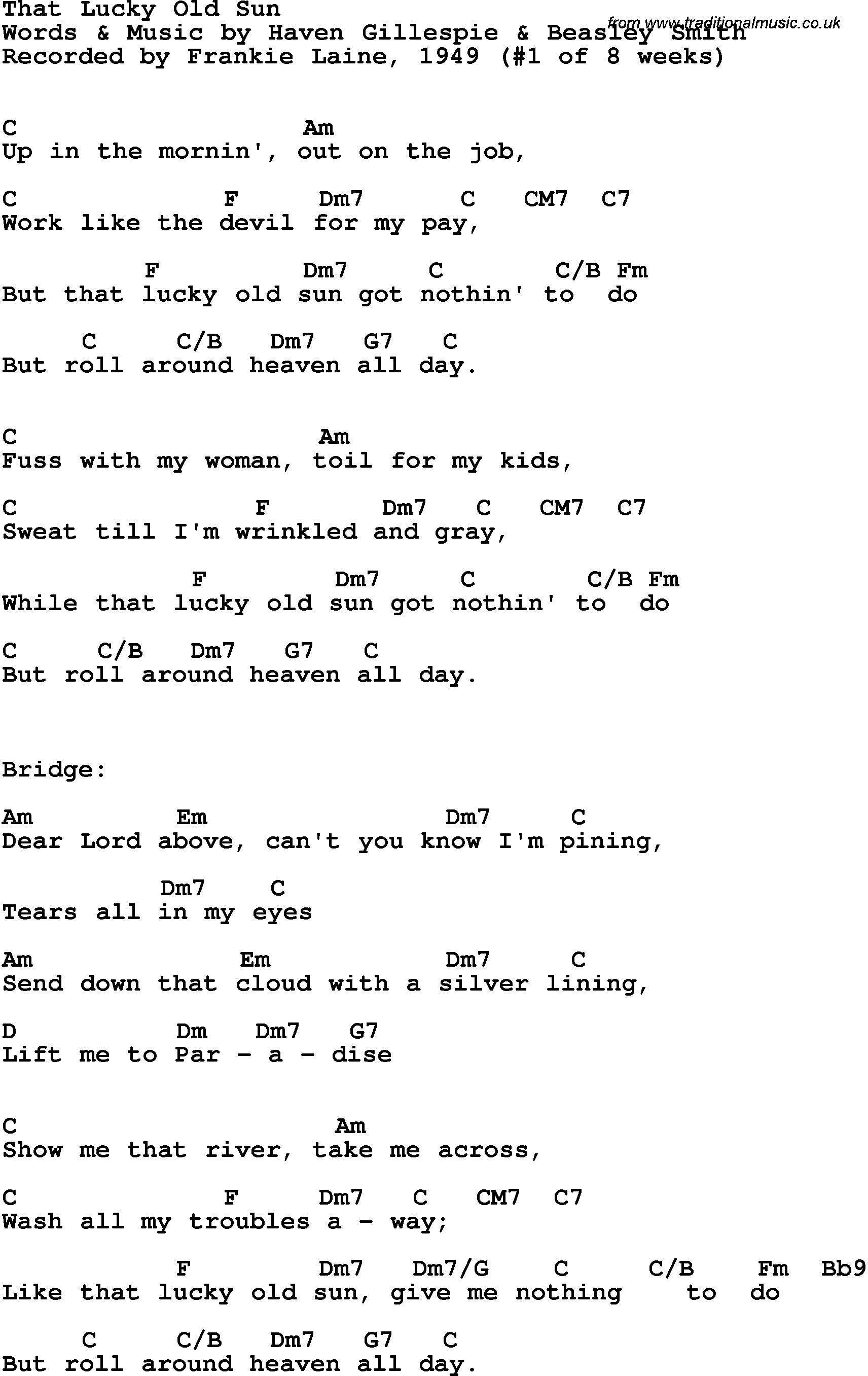 Song Lyrics with guitar chords for That Lucky Old Sun -  frankie Laine, 1949