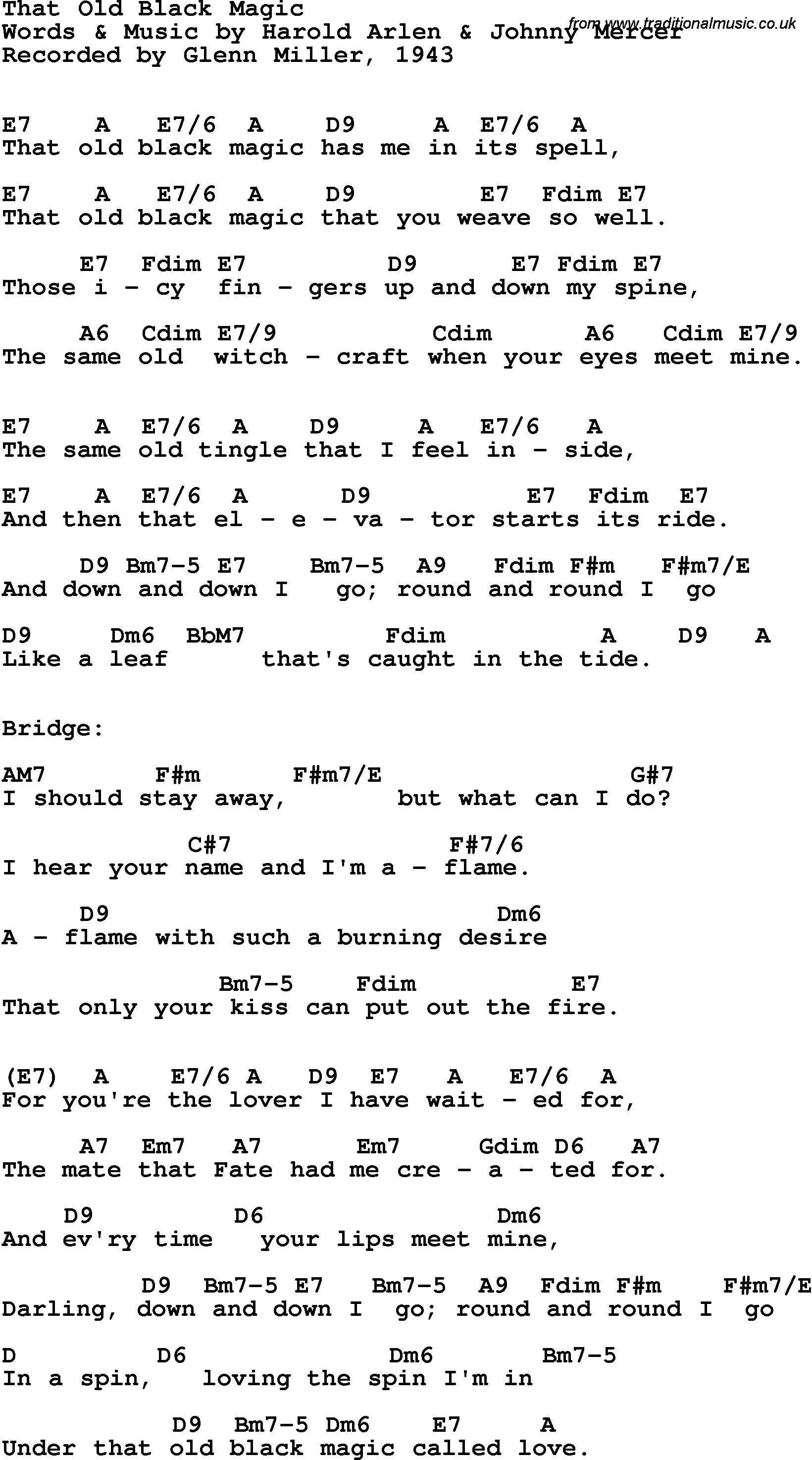 Song Lyrics with guitar chords for That Old Black Magic - Glenn Miller, 1943