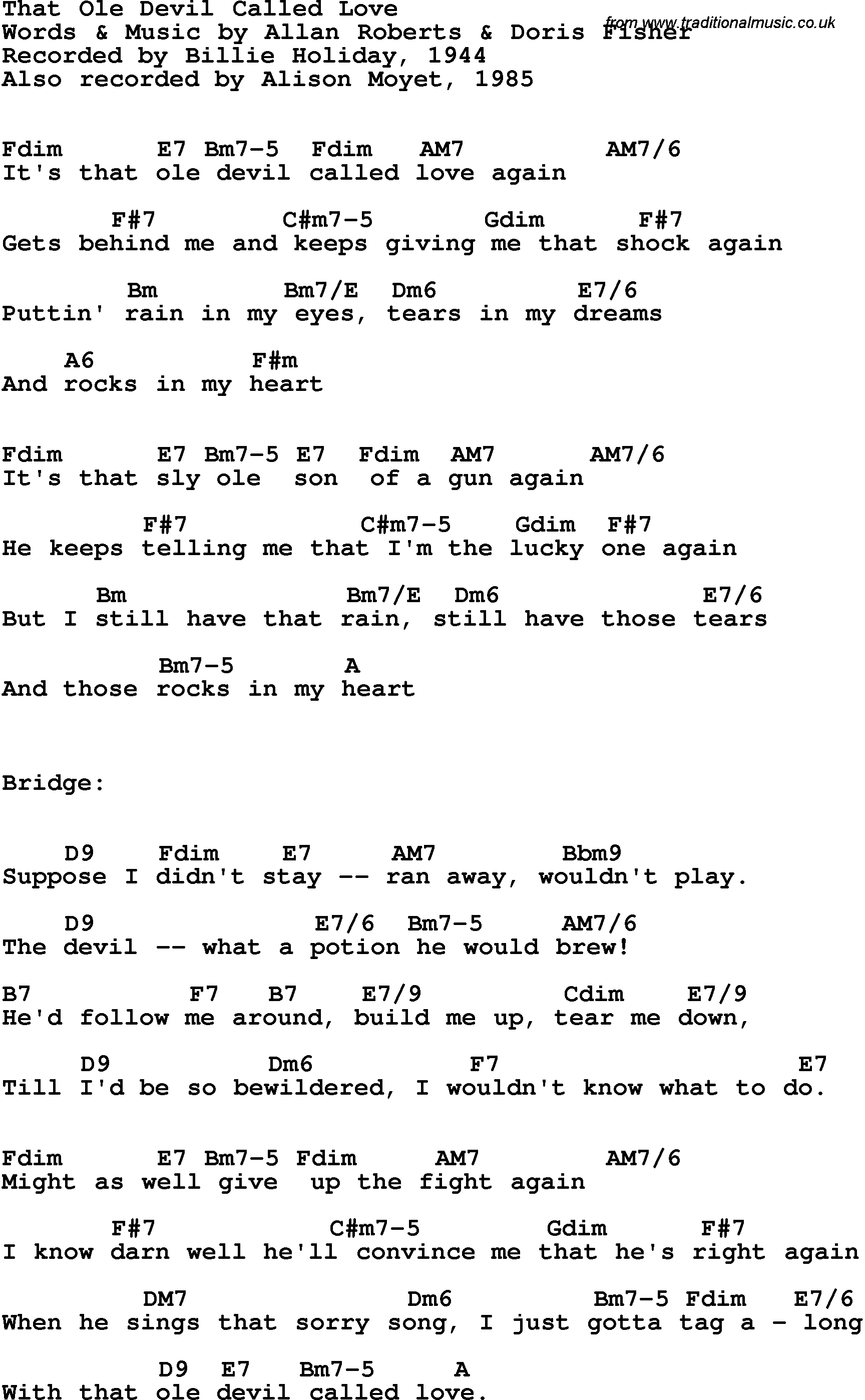 Song Lyrics with guitar chords for That Ole Devil Called Love - Billie Holiday, 1944