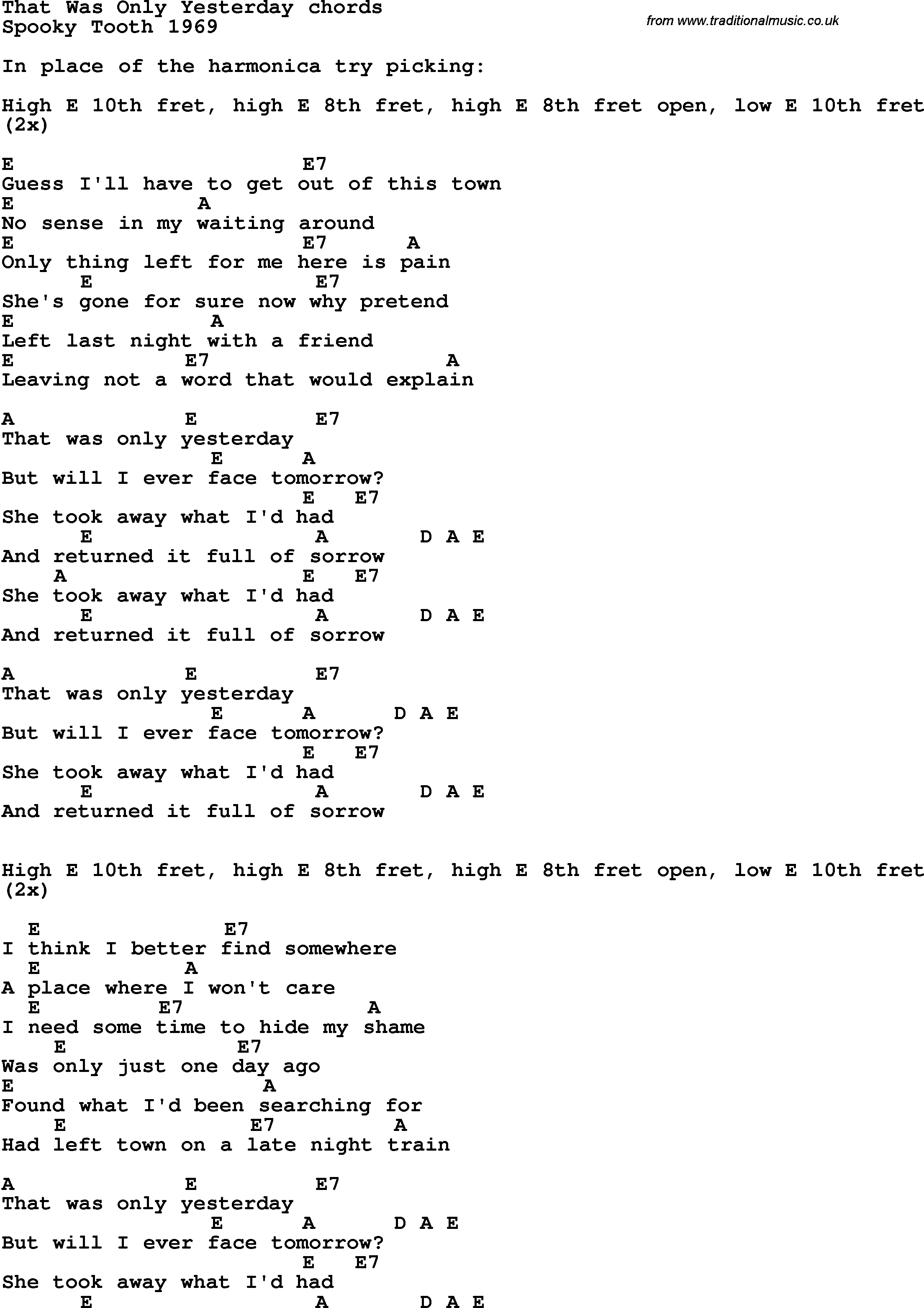 Song Lyrics with guitar chords for That Was Only Yesterday