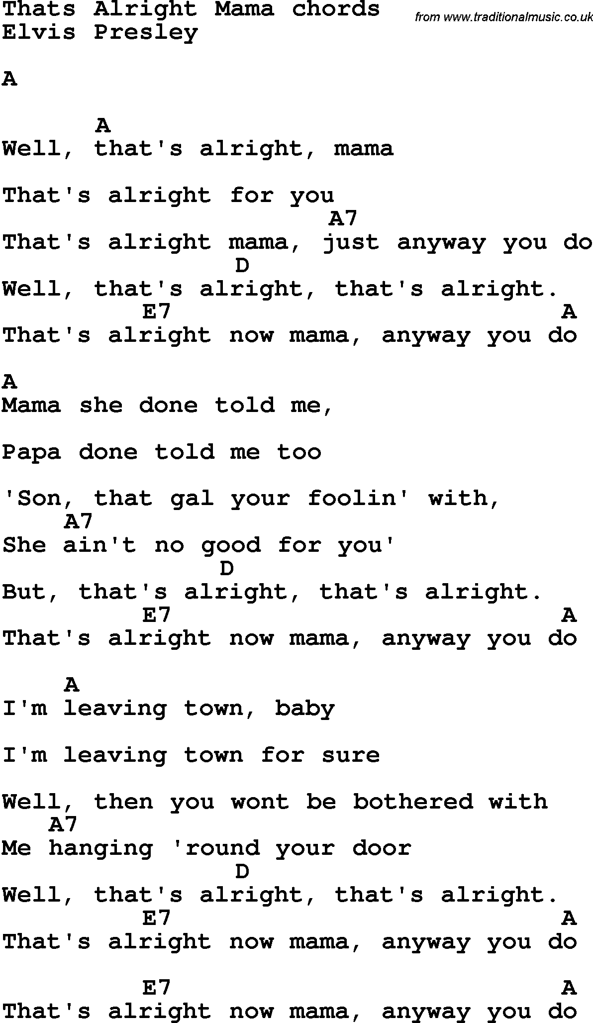 Song Lyrics with guitar chords for That's Alright Mama