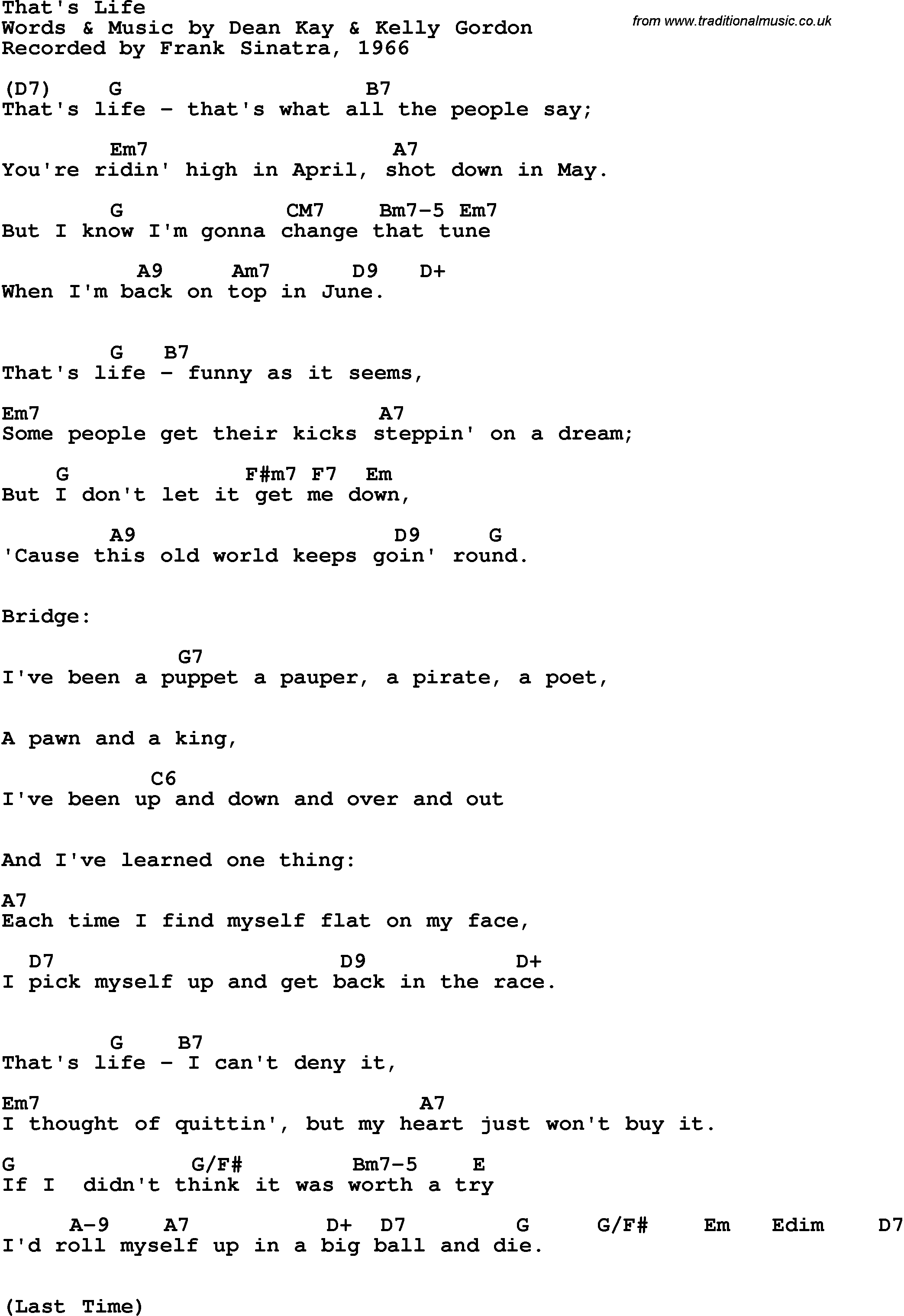 Song Lyrics with guitar chords for That's Life - Frank Sinatra, 1966