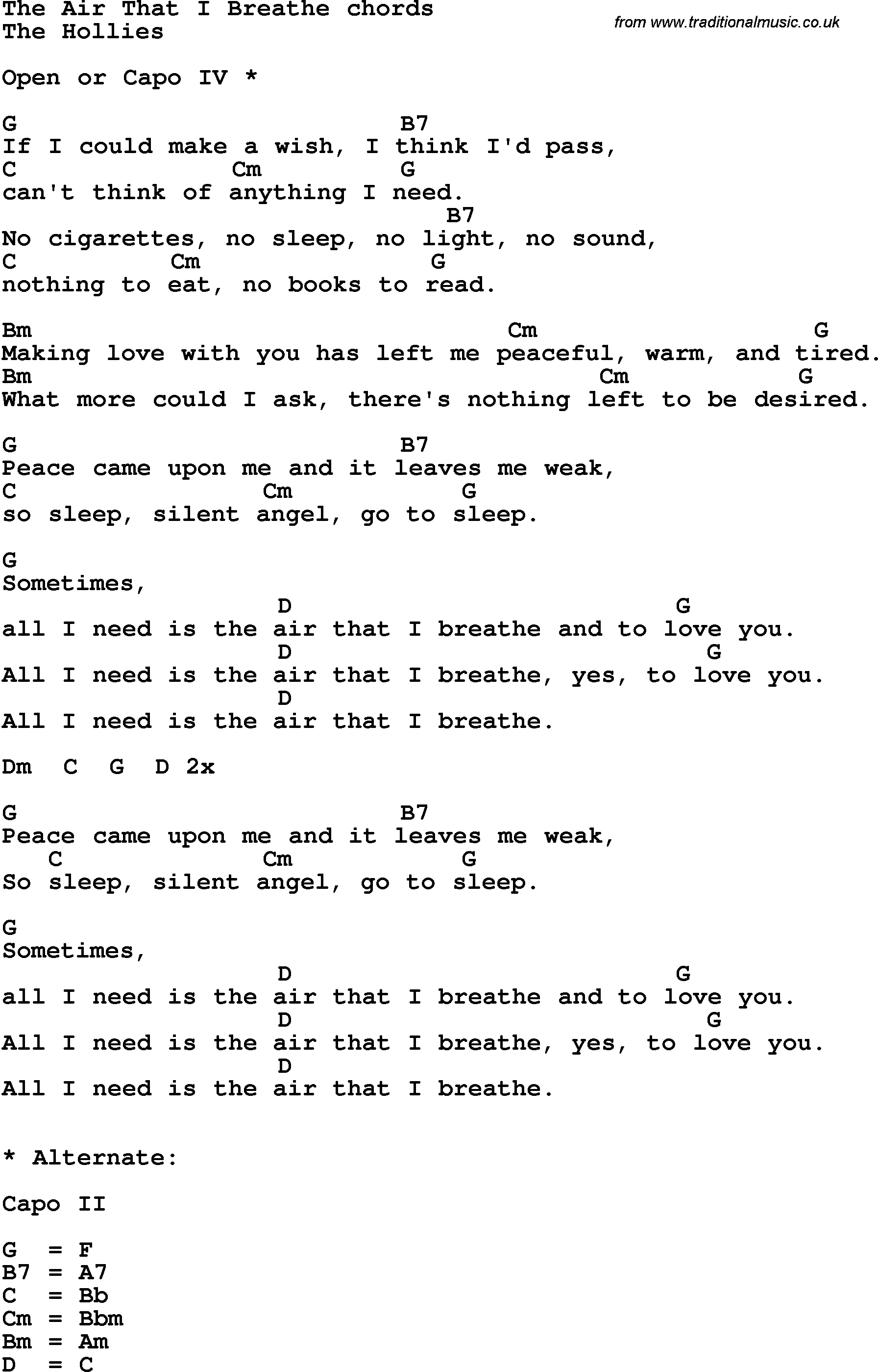 Song Lyrics with guitar chords for The Air That I Breathe